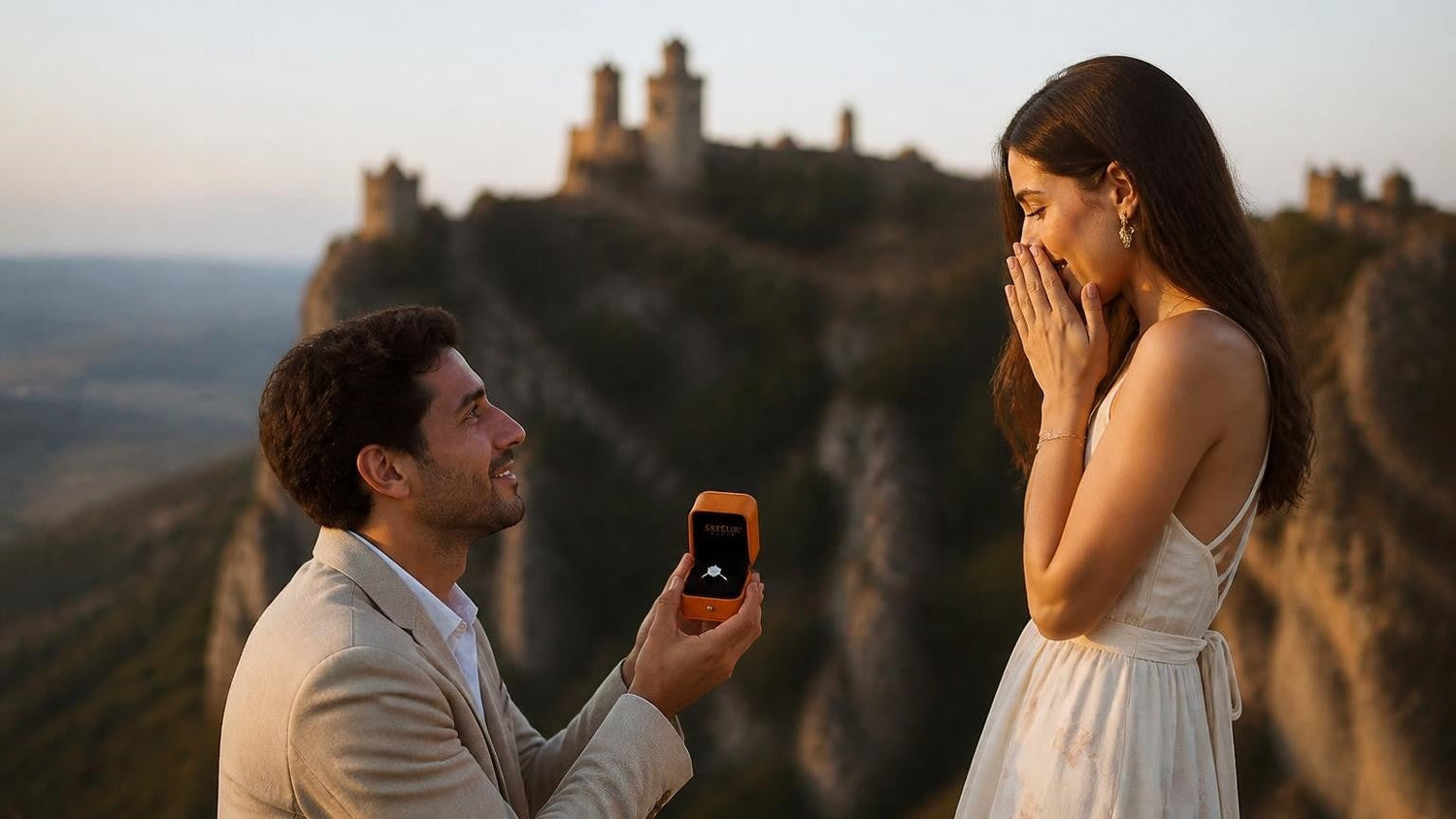 Marriage proposal in San Marino with the Satéur Destinée Ring — hilltop view from Guaita Tower over Mount Titano