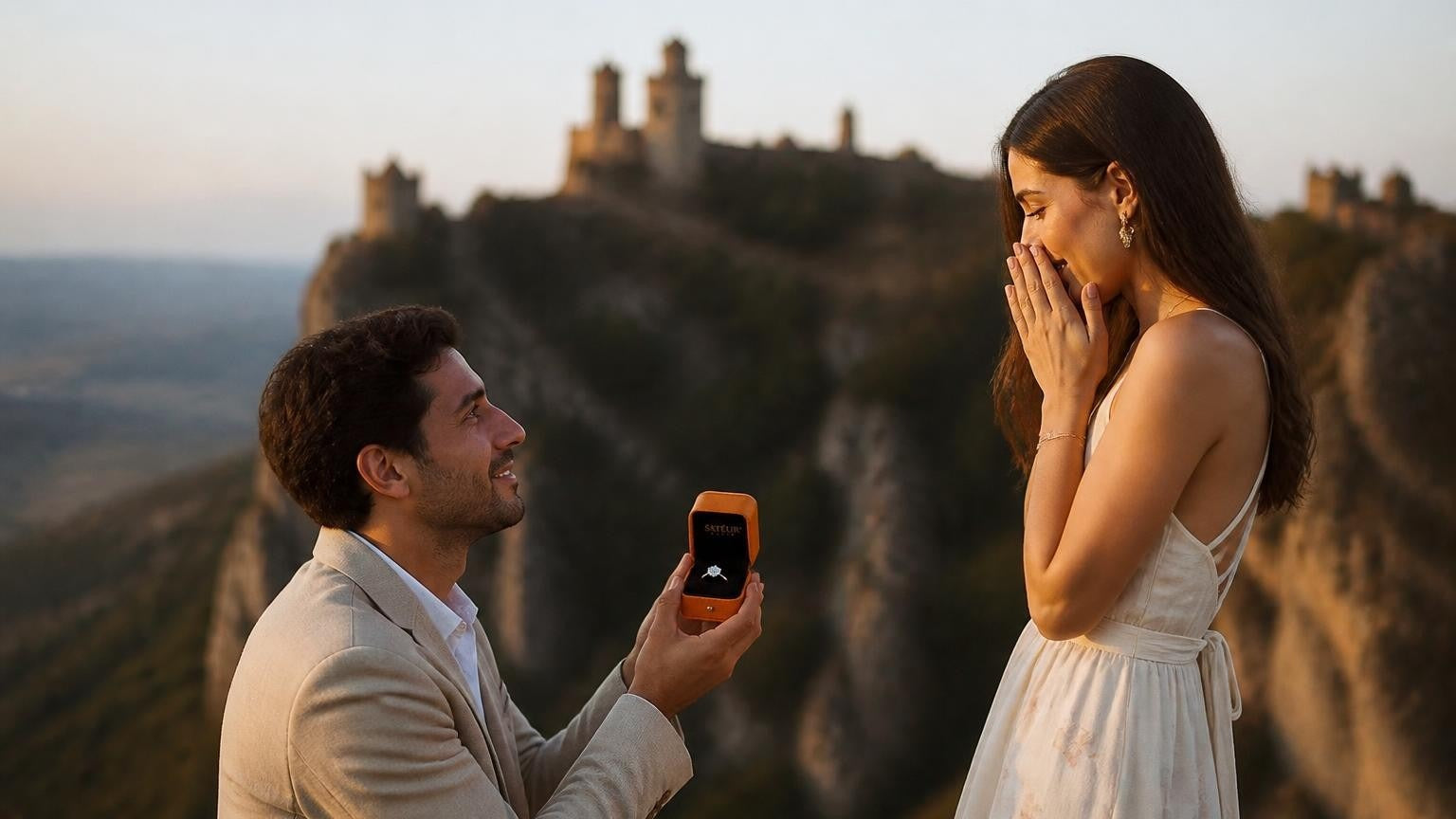 Marriage proposal in San Marino with the Satéur Destinée Ring — hilltop view from Guaita Tower over Mount Titano