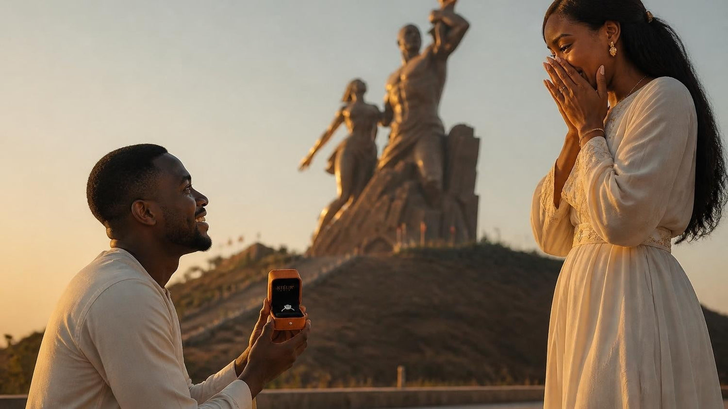 Marriage proposal in Senegal with the Satéur Destinée Ring — sunset at the African Renaissance Monument, Dakar