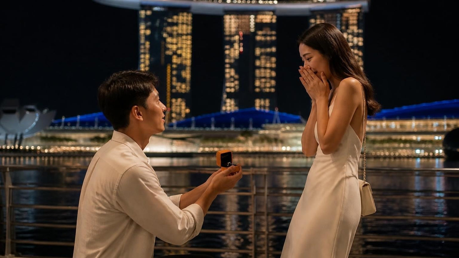 Marriage proposal in Singapore with the Satéur Destinée Ring — couple at the Marina Bay waterfront at dusk