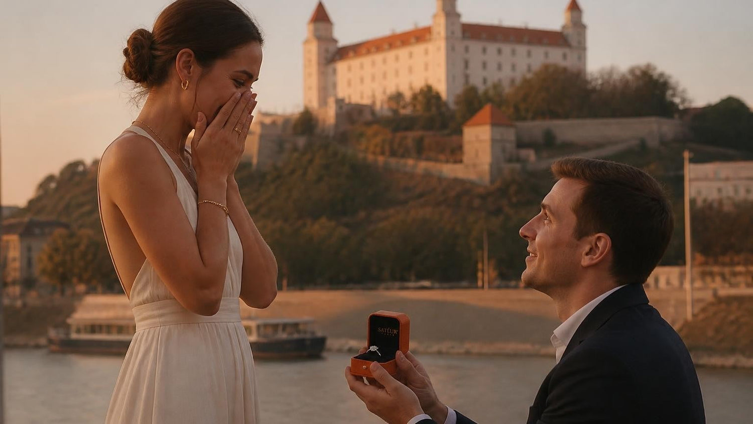 Marriage proposal in Slovakia with the Satéur Destinée Ring — Bratislava Castle terrace above the Danube