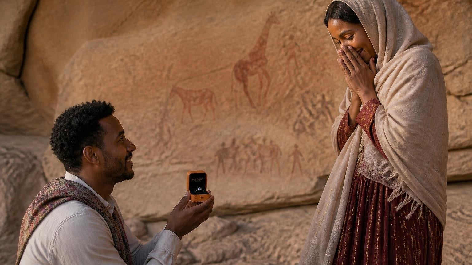 Marriage proposal in Somalia with the Satéur Destinée Ring — sunrise at the Laas Geel rock-art hills near Hargeisa
