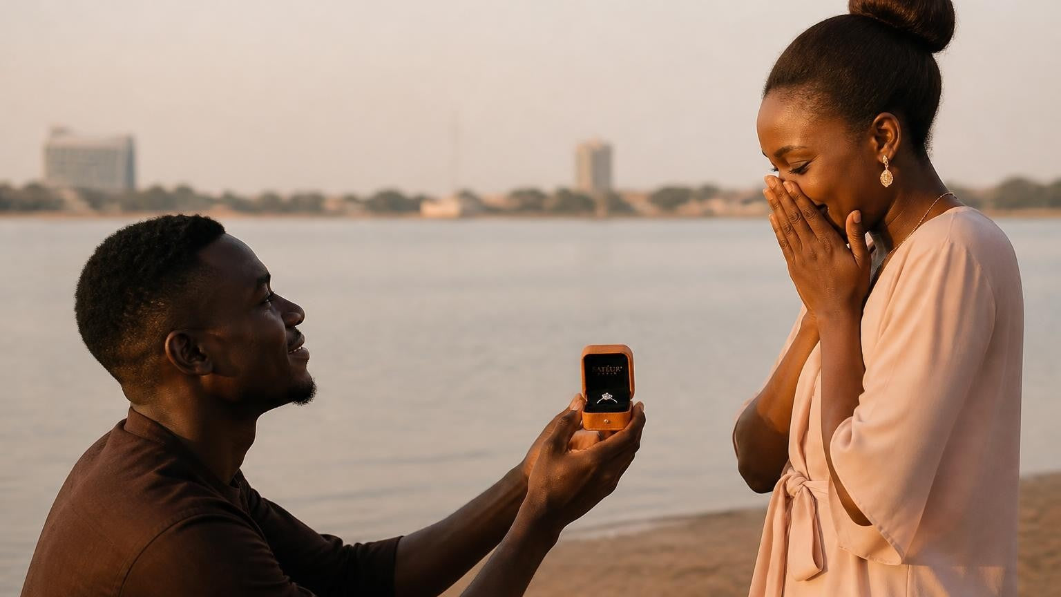 Marriage proposal in South Sudan with the Satéur Destinée Ring — sunrise on the banks of the White Nile in Juba