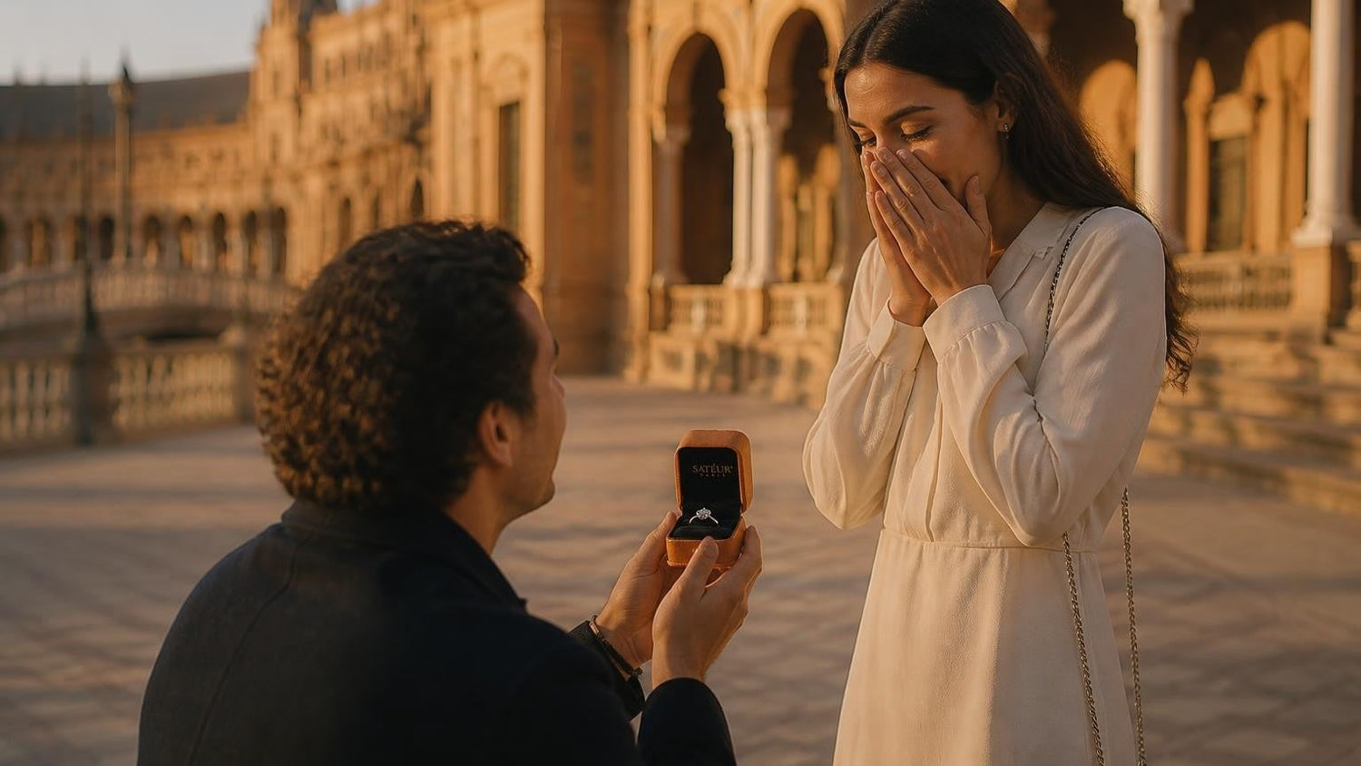 Marriage proposal in Spain with the Satéur Destinée Ring — couple at the Mirador de San Nicolás with the Alhambra at golden hour