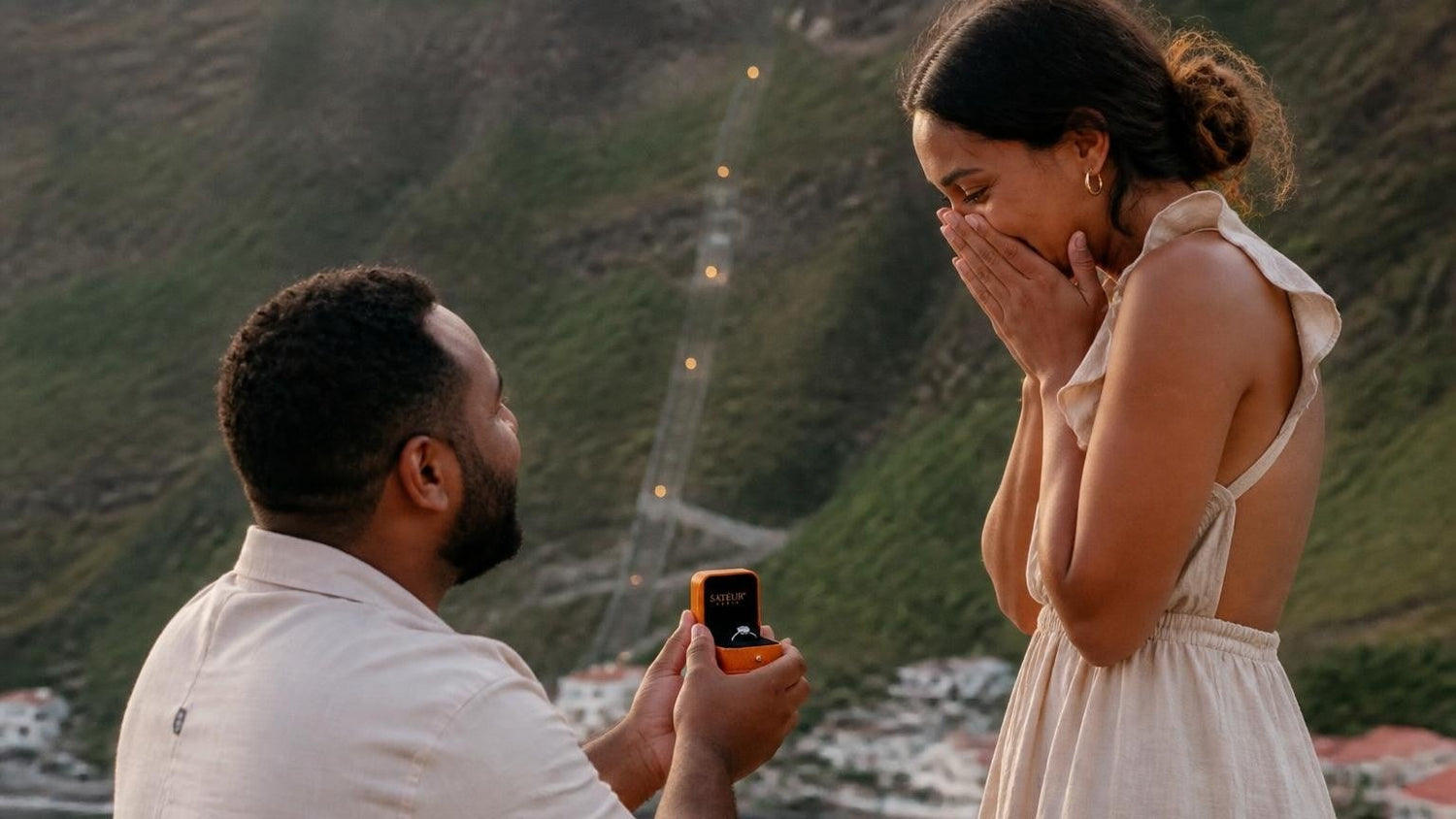Marriage proposal in St. Helena with the Satéur Destinée Ring — couple at the top of Jacob's Ladder above Jamestown
