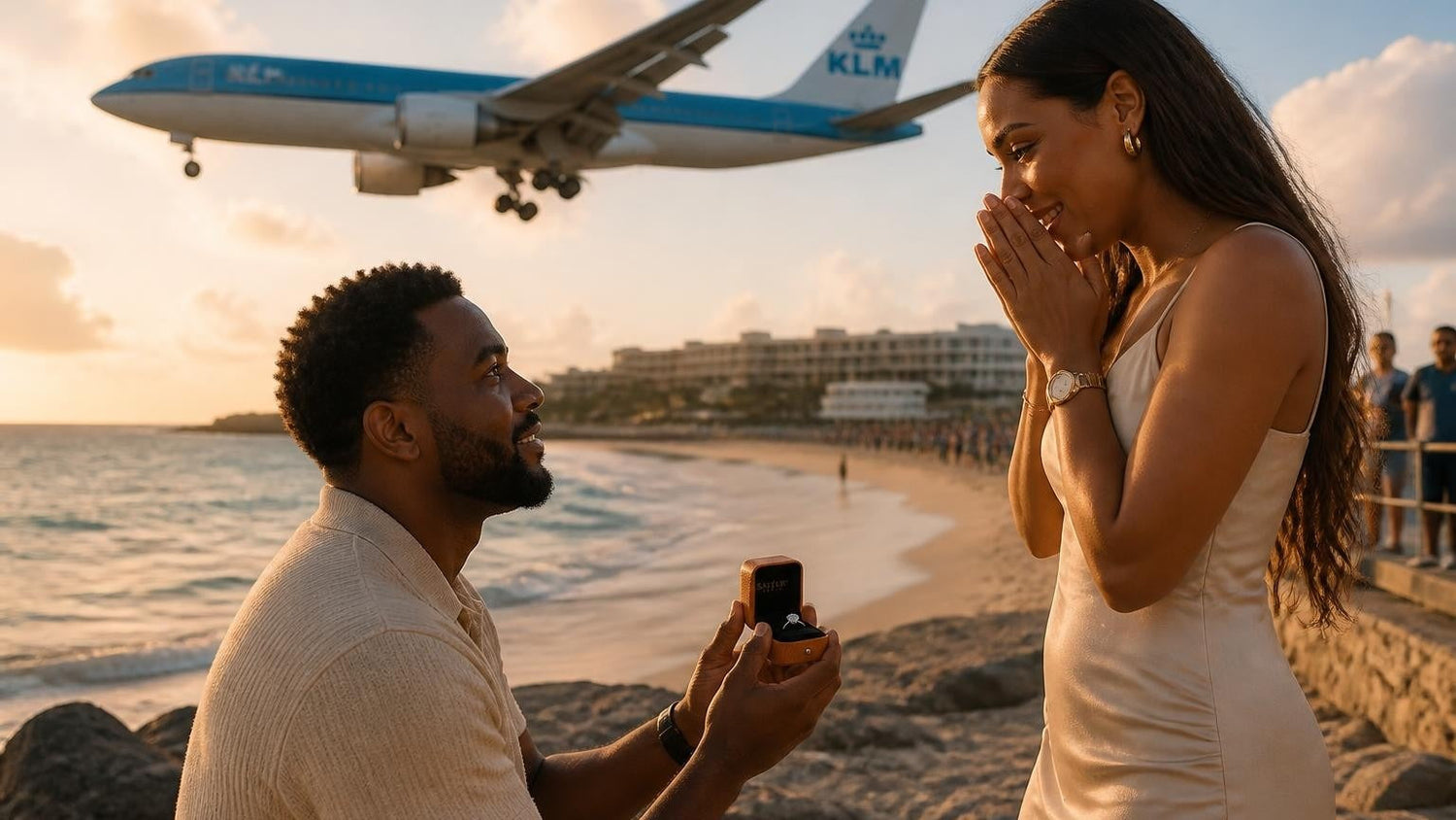 Marriage proposal in St. Martin with the Satéur Destinée Ring — sunset on Marigot waterfront
