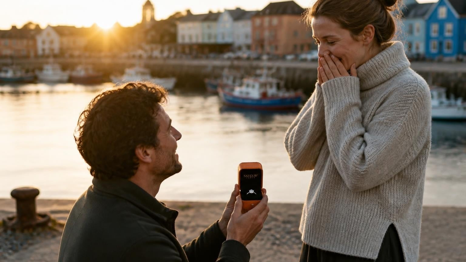 Marriage proposal in St. Pierre & Miquelon with the Satéur Destinée Ring — couple at the Saint-Pierre harbour at dawn