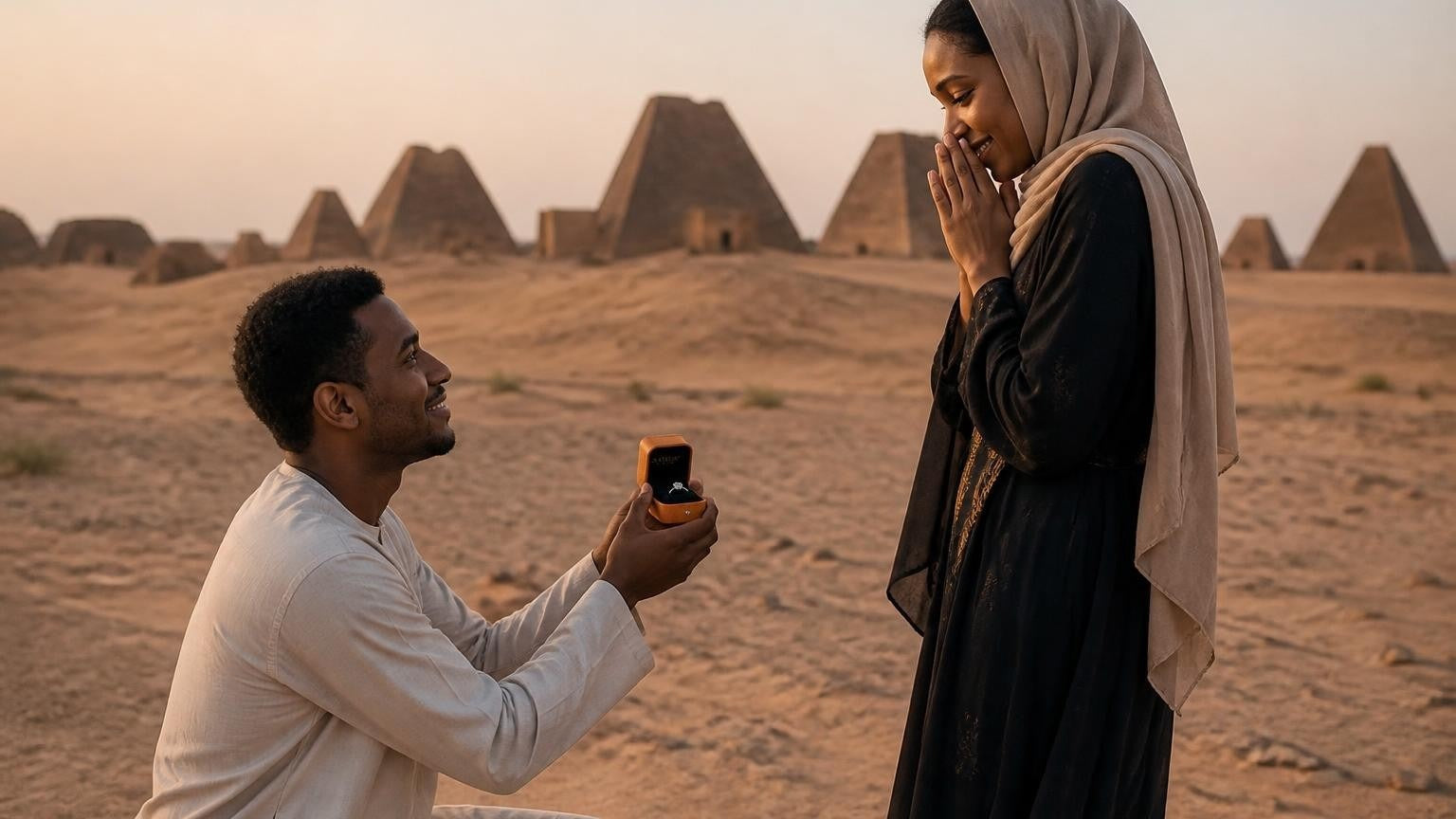 Marriage proposal in Sudan with the Satéur Destinée Ring — the Meroë pyramids at dawn