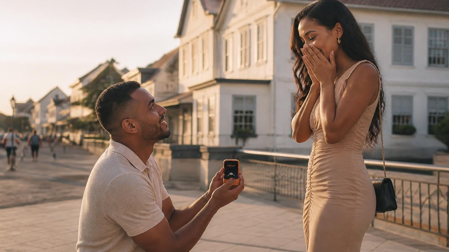 Marriage proposal in Suriname with the Satéur Destinée Ring — colonial waterfront Paramaribo at golden hour