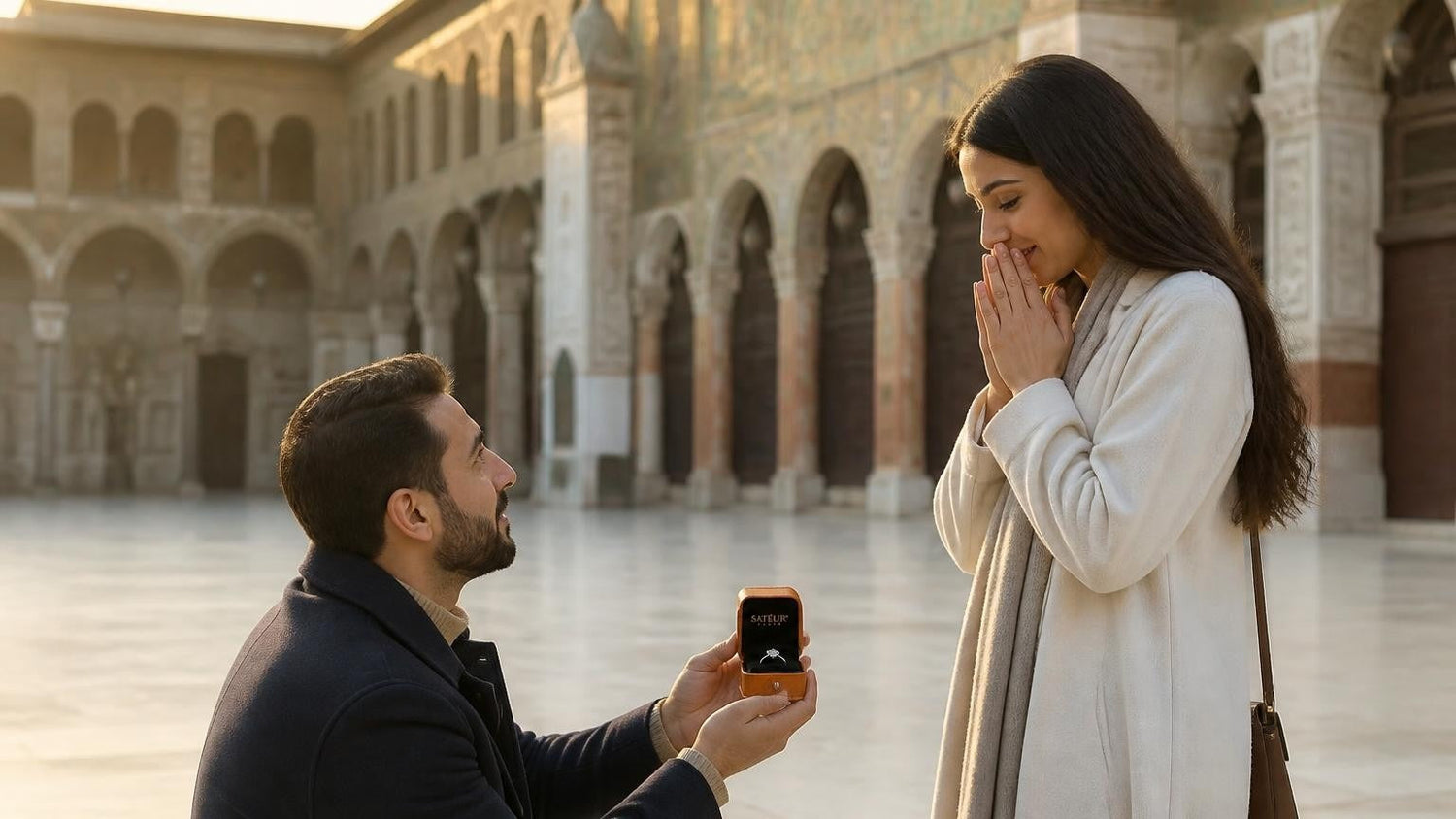 Marriage proposal in Syria with the Satéur Destinée Ring — the Umayyad Mosque courtyard in old Damascus at golden hour