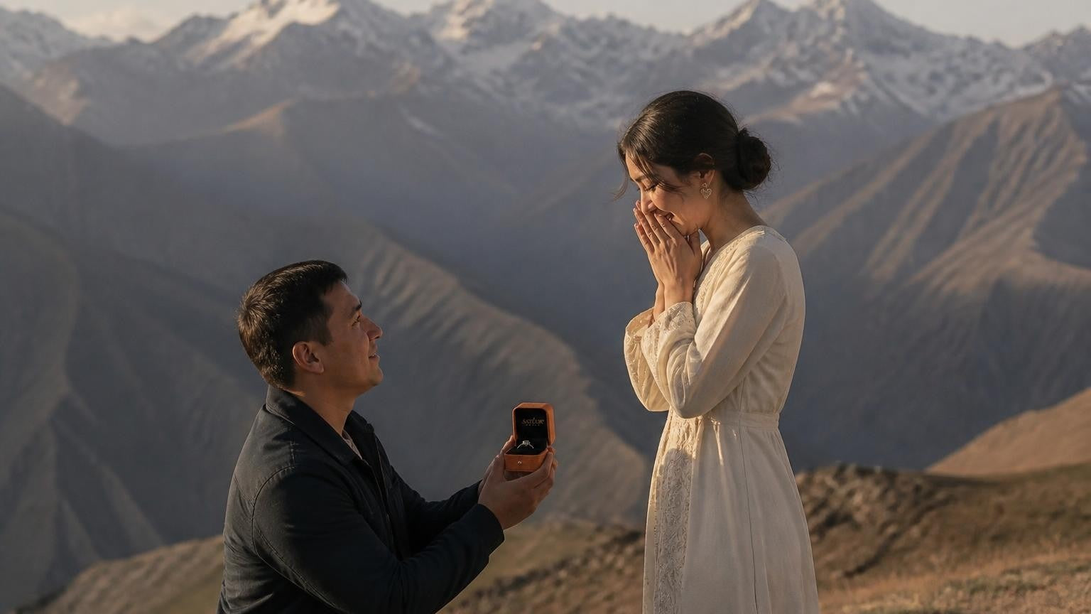 Marriage proposal in Tajikistan with the Satéur Destinée Ring — a couple at Iskanderkul Lake beneath the Fann Mountains
