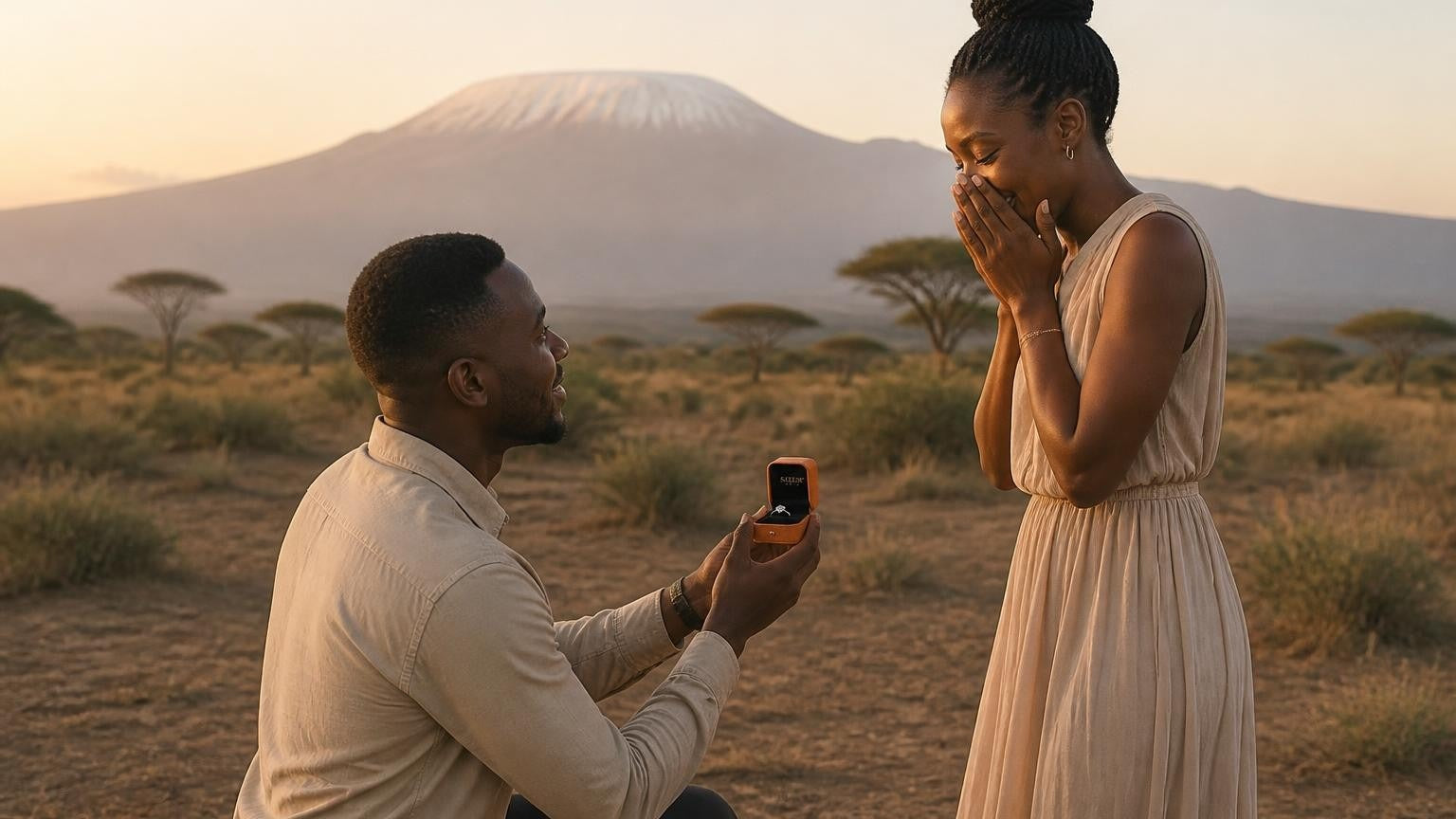 Marriage proposal in Tanzania with the Satéur Destinée Ring — sunrise over Kilimanjaro