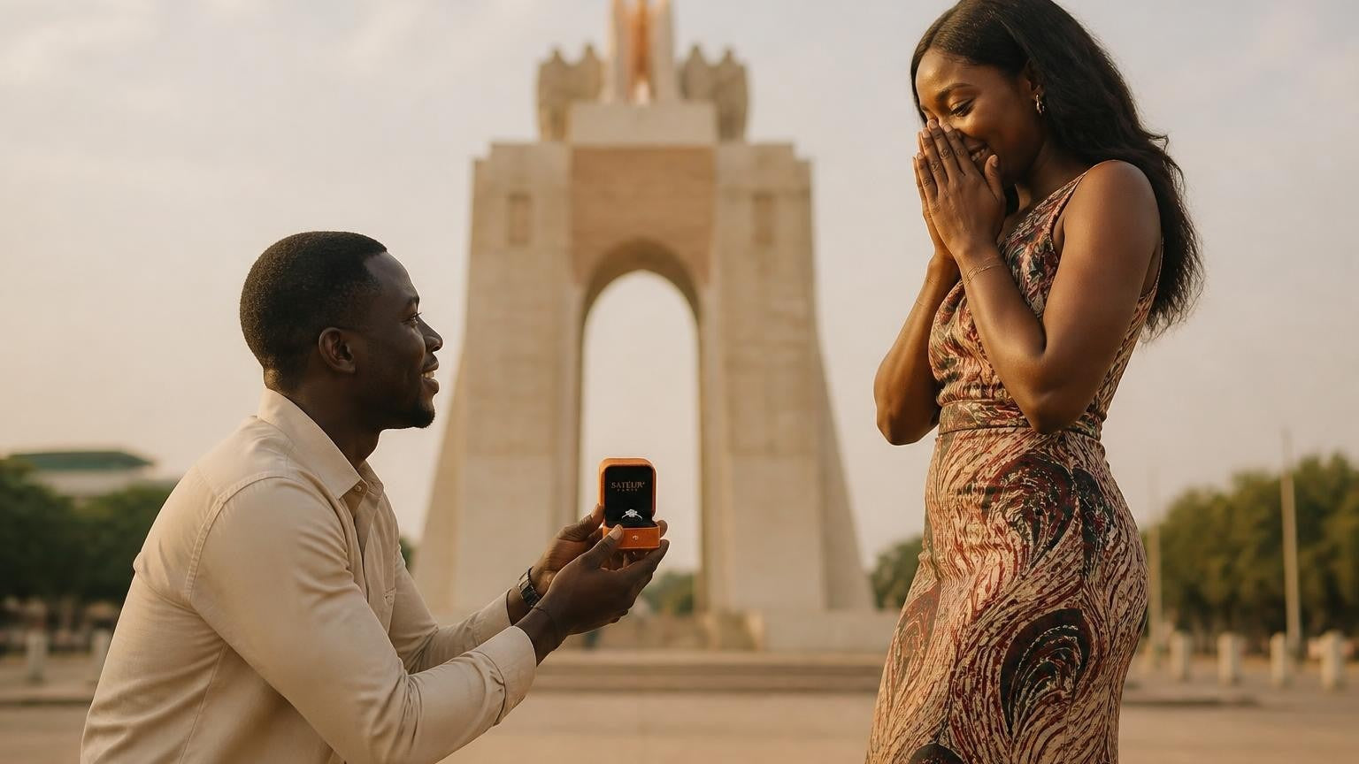 Marriage proposal in Togo with the Satéur Destinée Ring — couple at the Tamberma villages of Koutammakou
