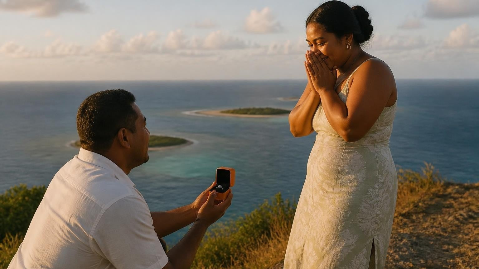 Marriage proposal in Tokelau with the Satéur Destinée Ring — a couple on a white-sand atoll beach at golden hour