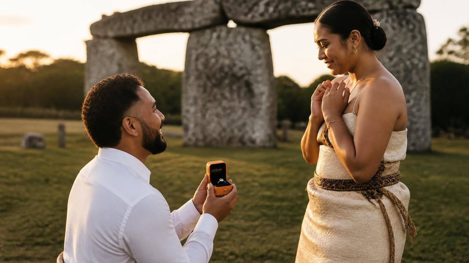 Marriage proposal in Tonga with the Satéur Destinée Ring — sunrise at the Ha'amonga 'a Maui trilithon