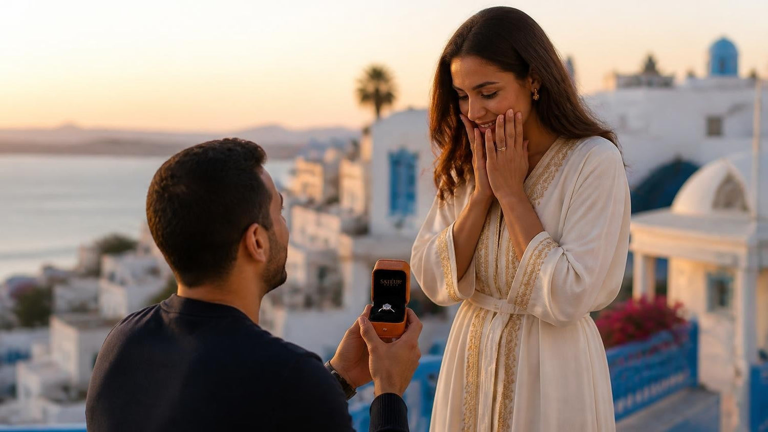 Marriage proposal in Tunisia with the Satéur Destinée Ring — golden-hour moment on the blue-and-white clifftop of Sidi Bou Said