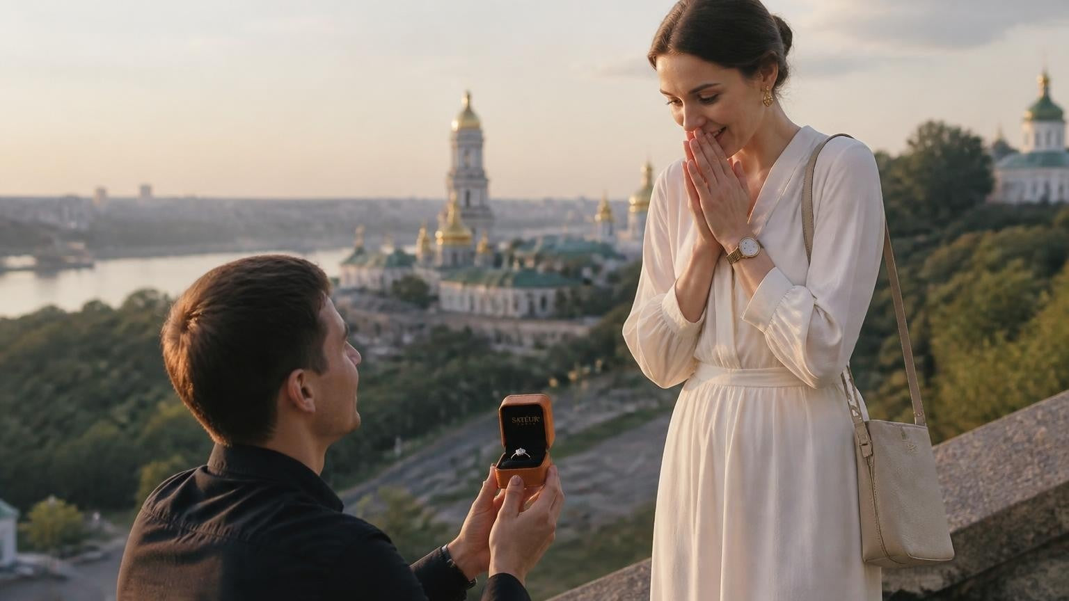 Marriage proposal in Ukraine with the Satéur Destinée Ring — couple in Lviv's old town at golden hour