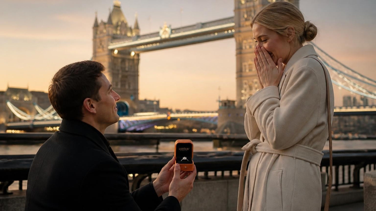 Marriage proposal in the United Kingdom with the Satéur Destinée Ring — couple beside Tower Bridge at golden hour