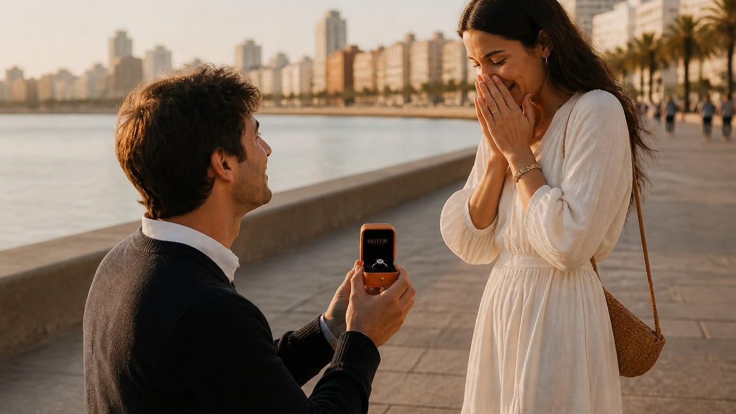 Marriage proposal in Uruguay with the Satéur Destinée Ring — golden-hour moment on the Montevideo Rambla