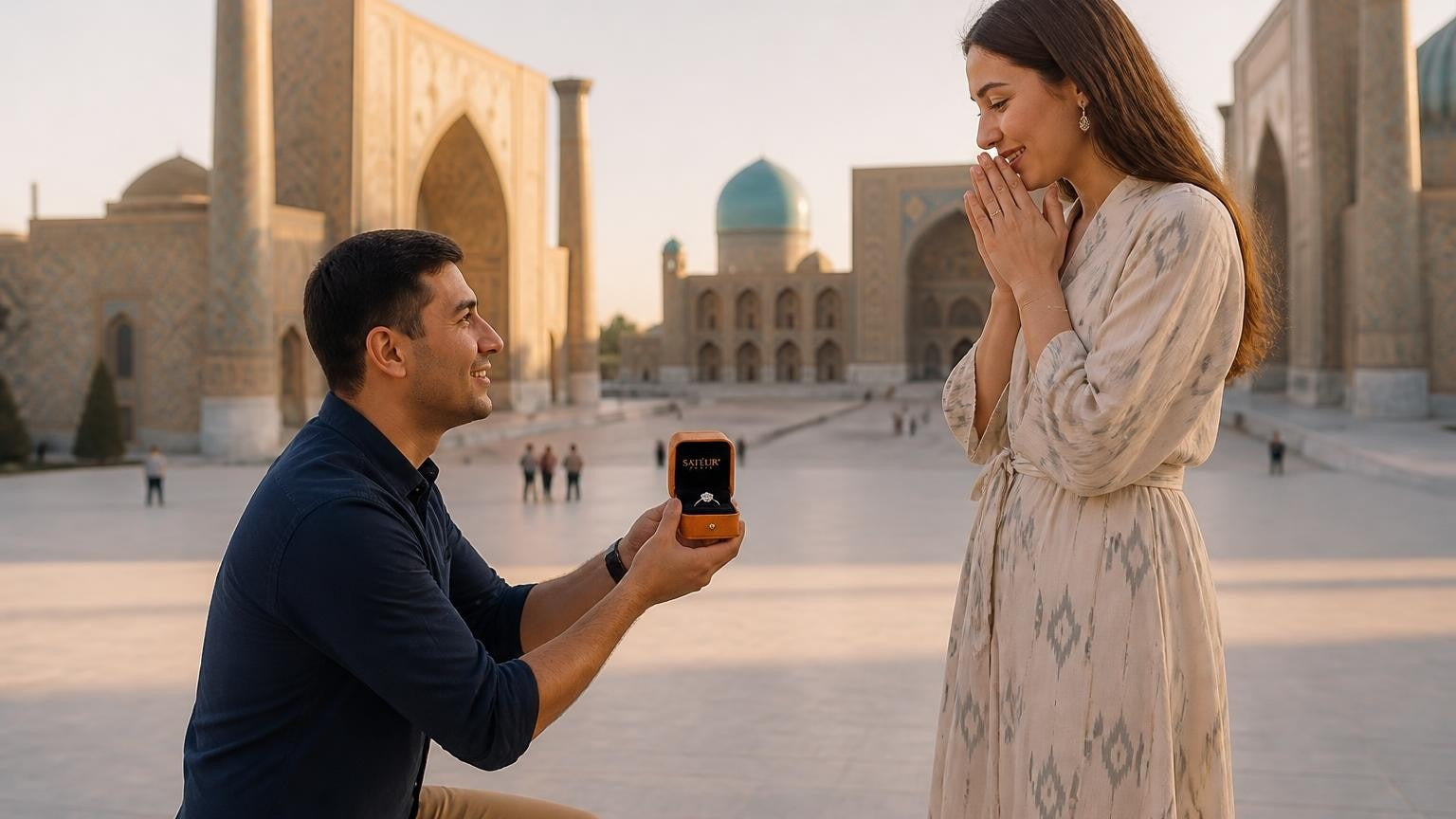 Marriage proposal in Uzbekistan with the Satéur Destinée Ring — Registan Square at golden hour, Samarkand