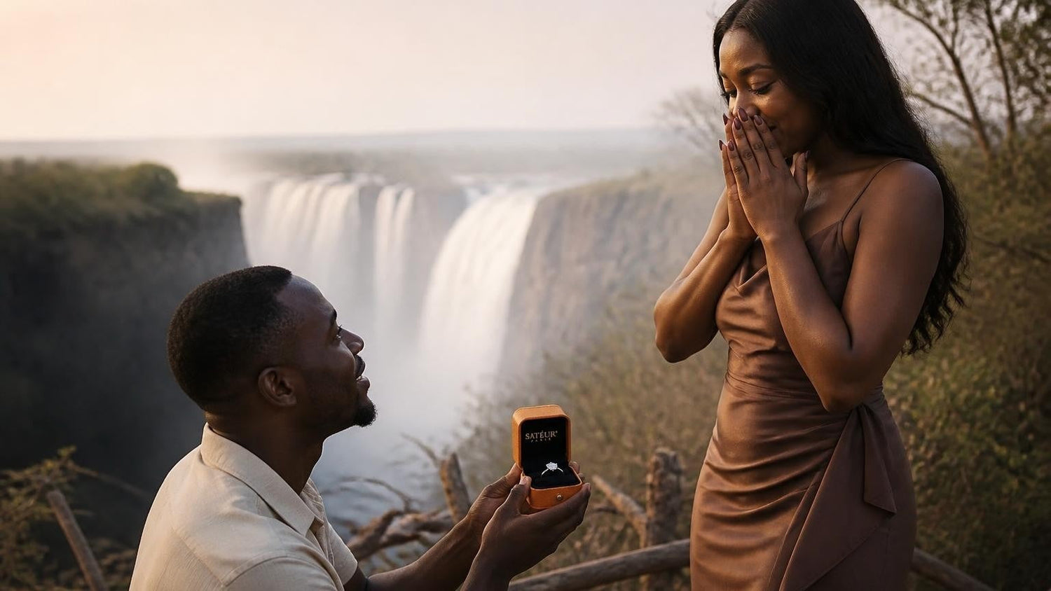 Marriage proposal in Zambia with the Satéur Destinée Ring — couple at Victoria Falls overlooking the Zambezi