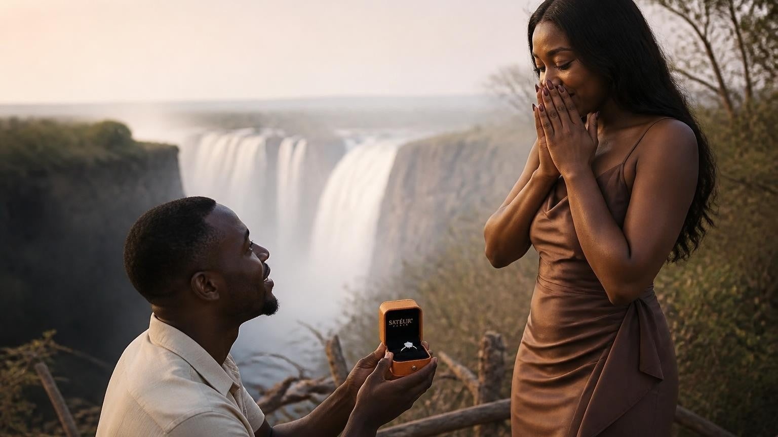 Marriage proposal in Zambia with the Satéur Destinée Ring — couple at Victoria Falls overlooking the Zambezi
