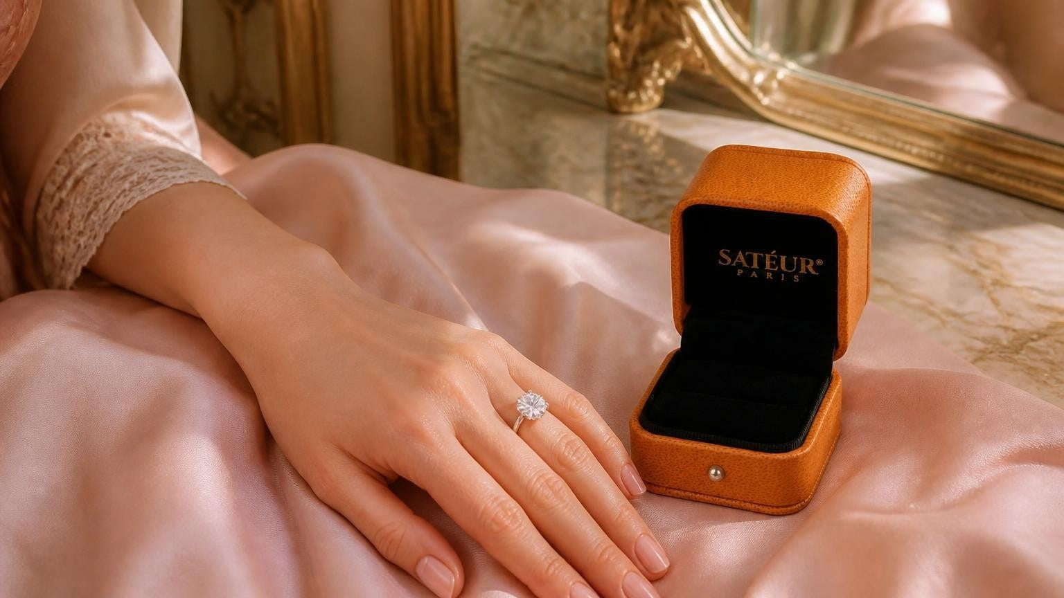 Which hand for engagement ring — solitaire on left hand with open Satéur ring box
