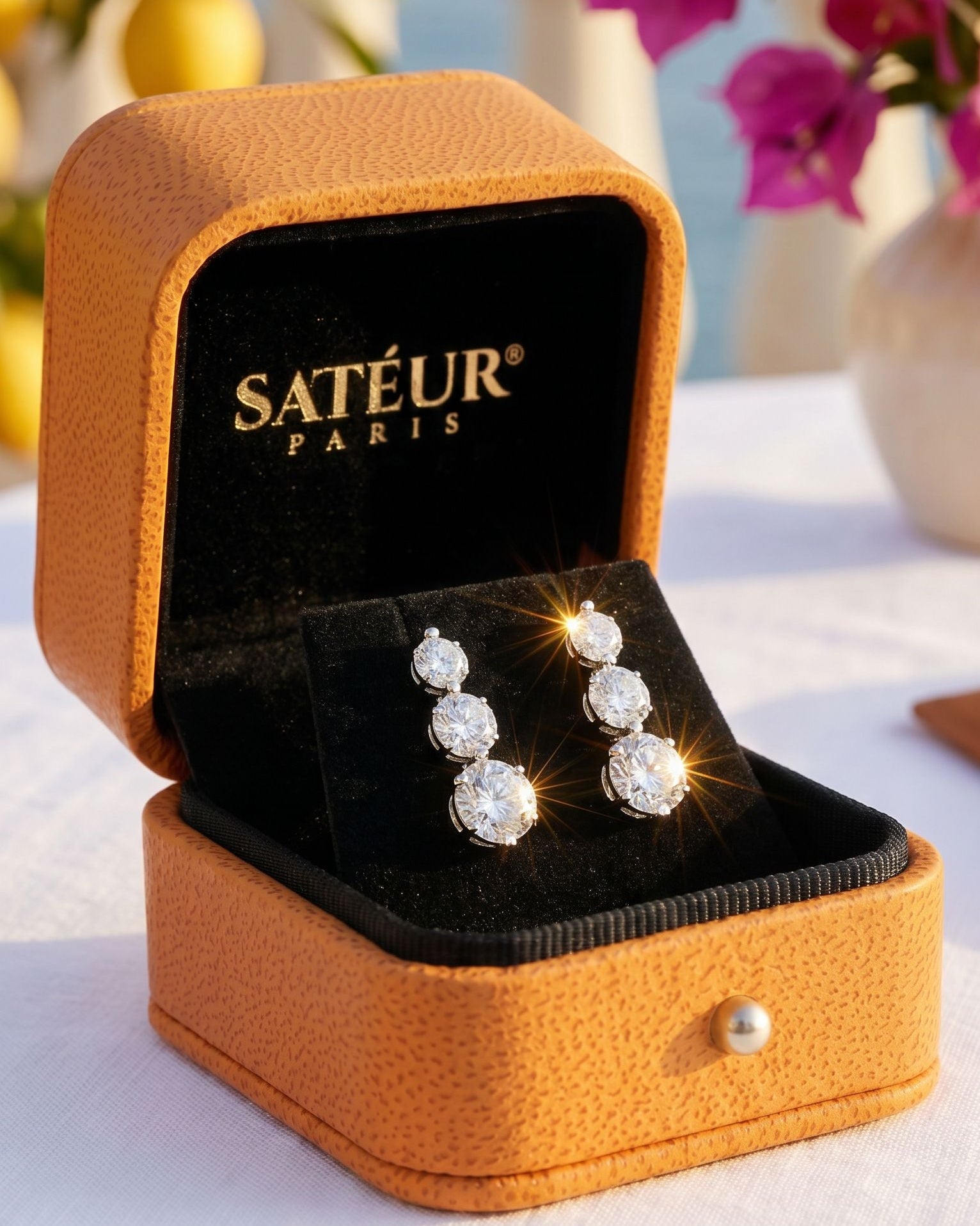Sateur Paris jewelry box with diamond earrings on a white surface with flowers in the background