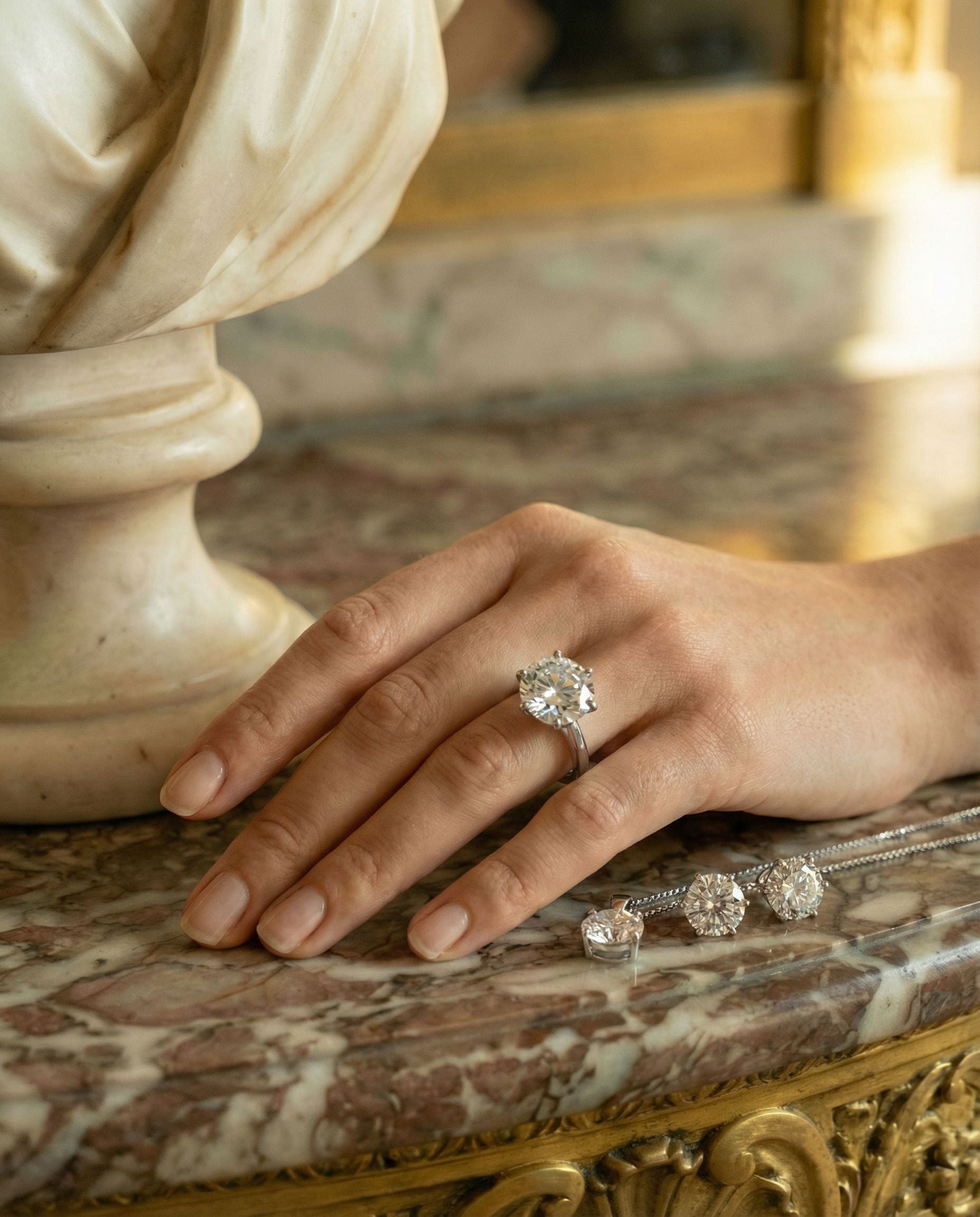 Destinée Ring on hand with necklace and earrings