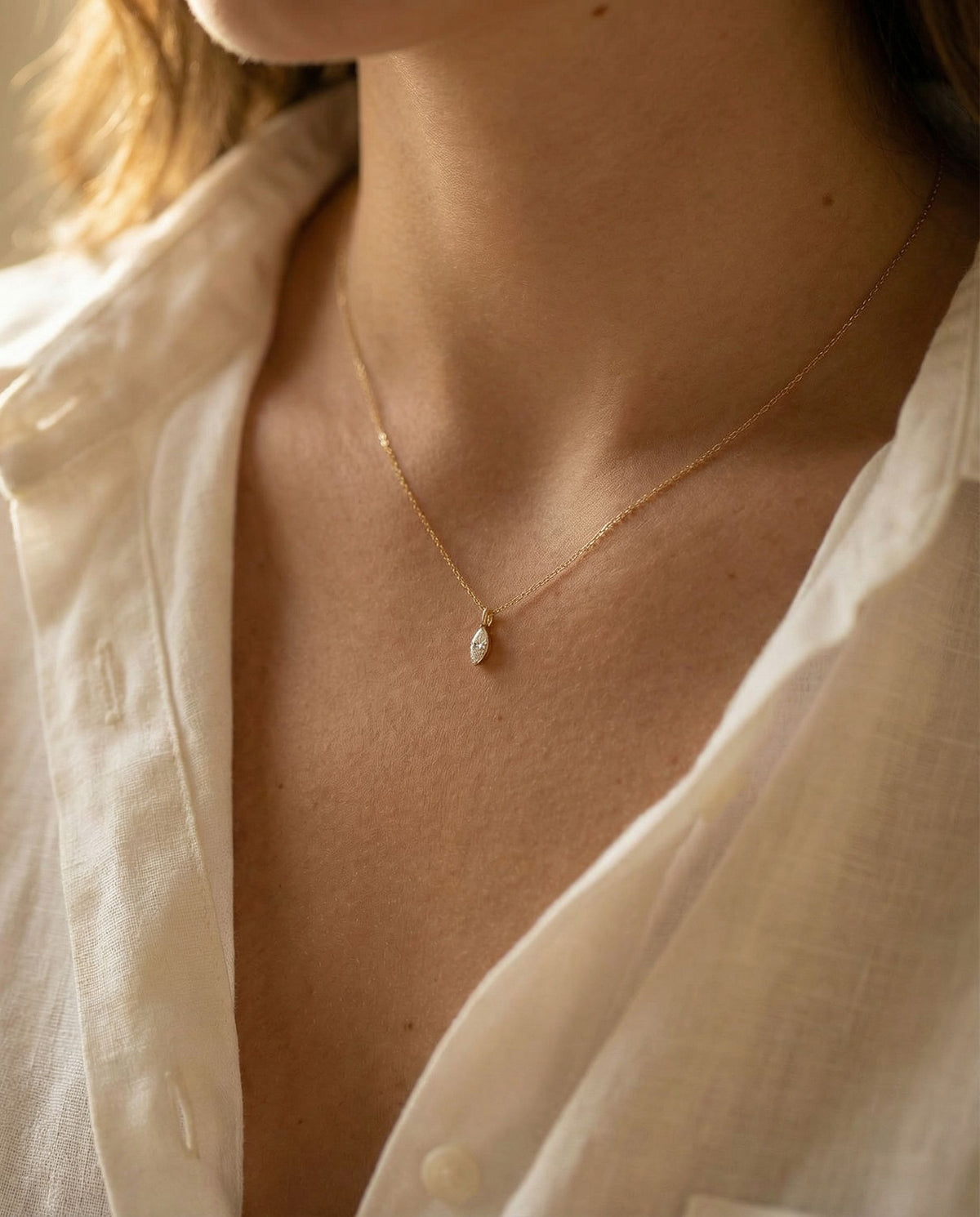 Satéur Pétale Diamond Necklace™, 14K Solid Gold worn