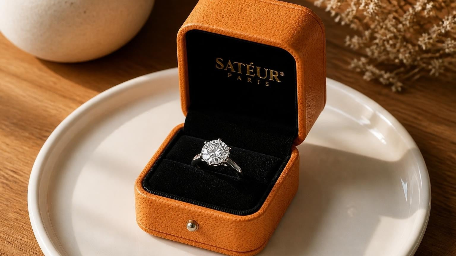 Buy a diamond ring online — open Satéur box with round-cut diamond simulant ring