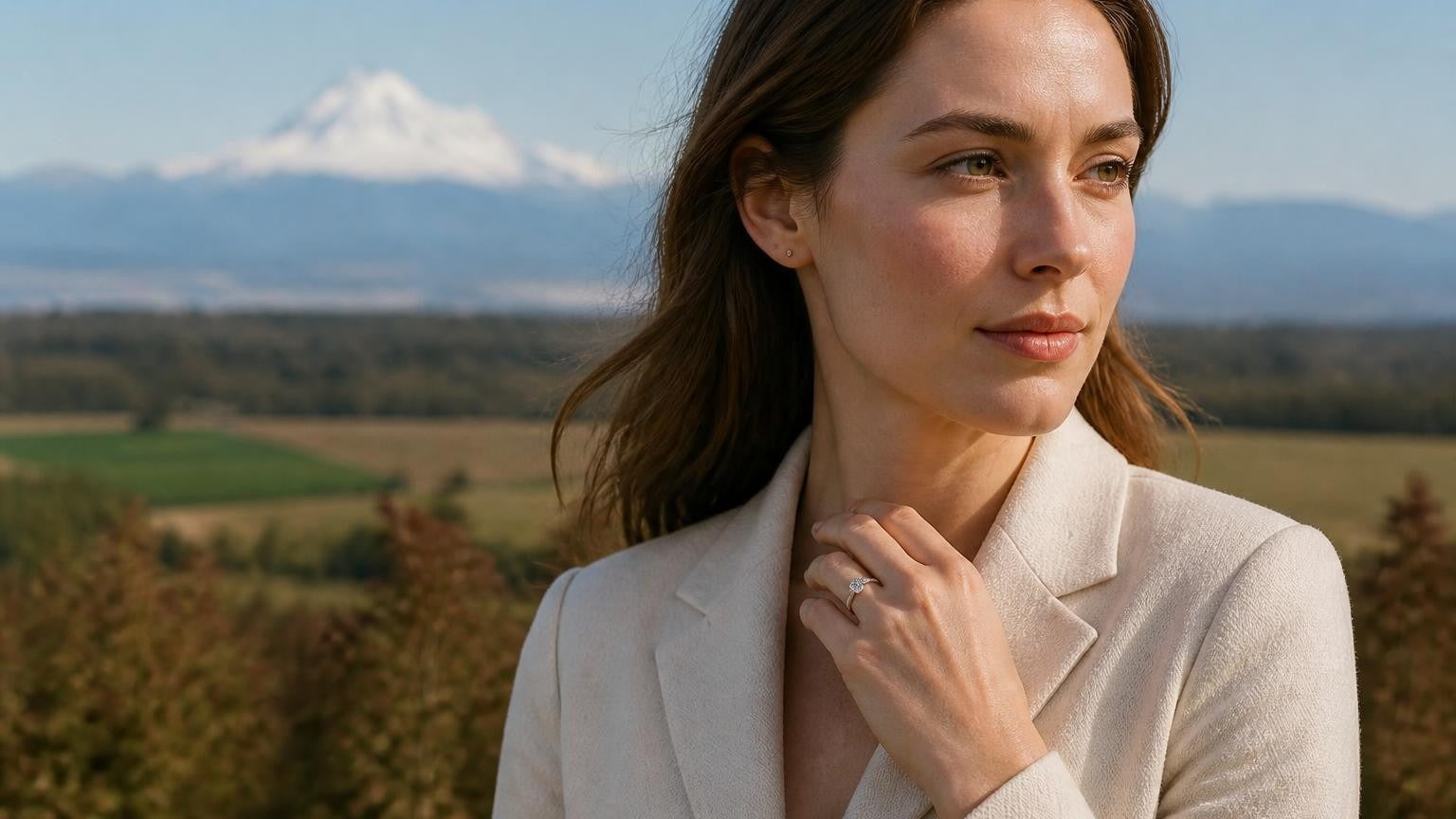 Best engagement rings in Abbotsford — Satéur Destinée Ring with Mount Baker views across the Fraser Valley