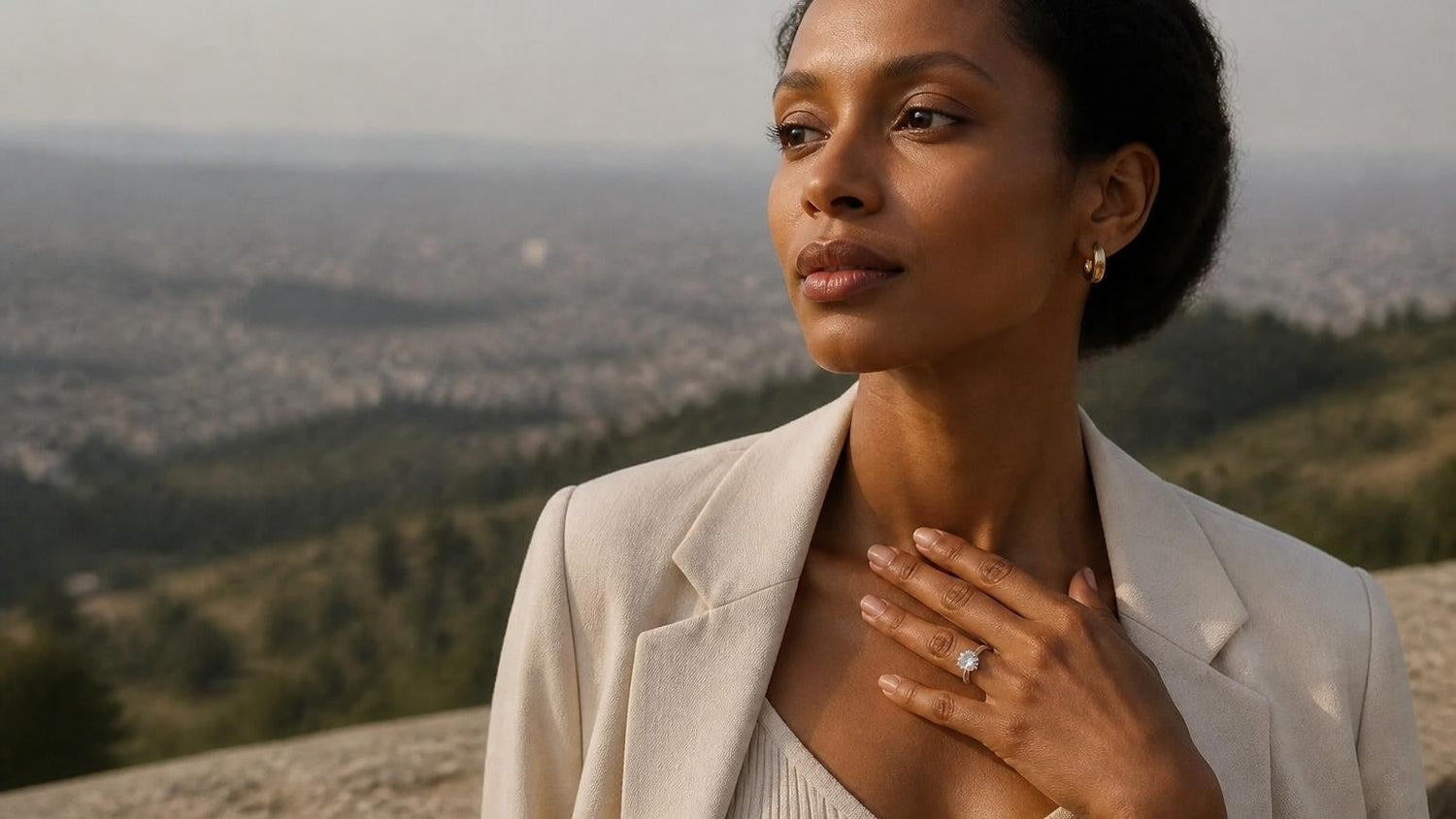 Best engagement rings in Addis Ababa — Satéur Destinée Ring™ with Entoto eucalyptus hills behind