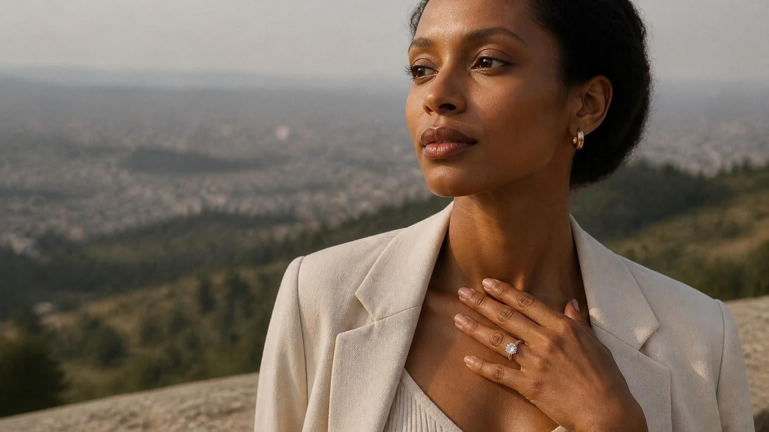 Best engagement rings in Addis Ababa — Satéur Destinée Ring™ with Entoto eucalyptus hills behind