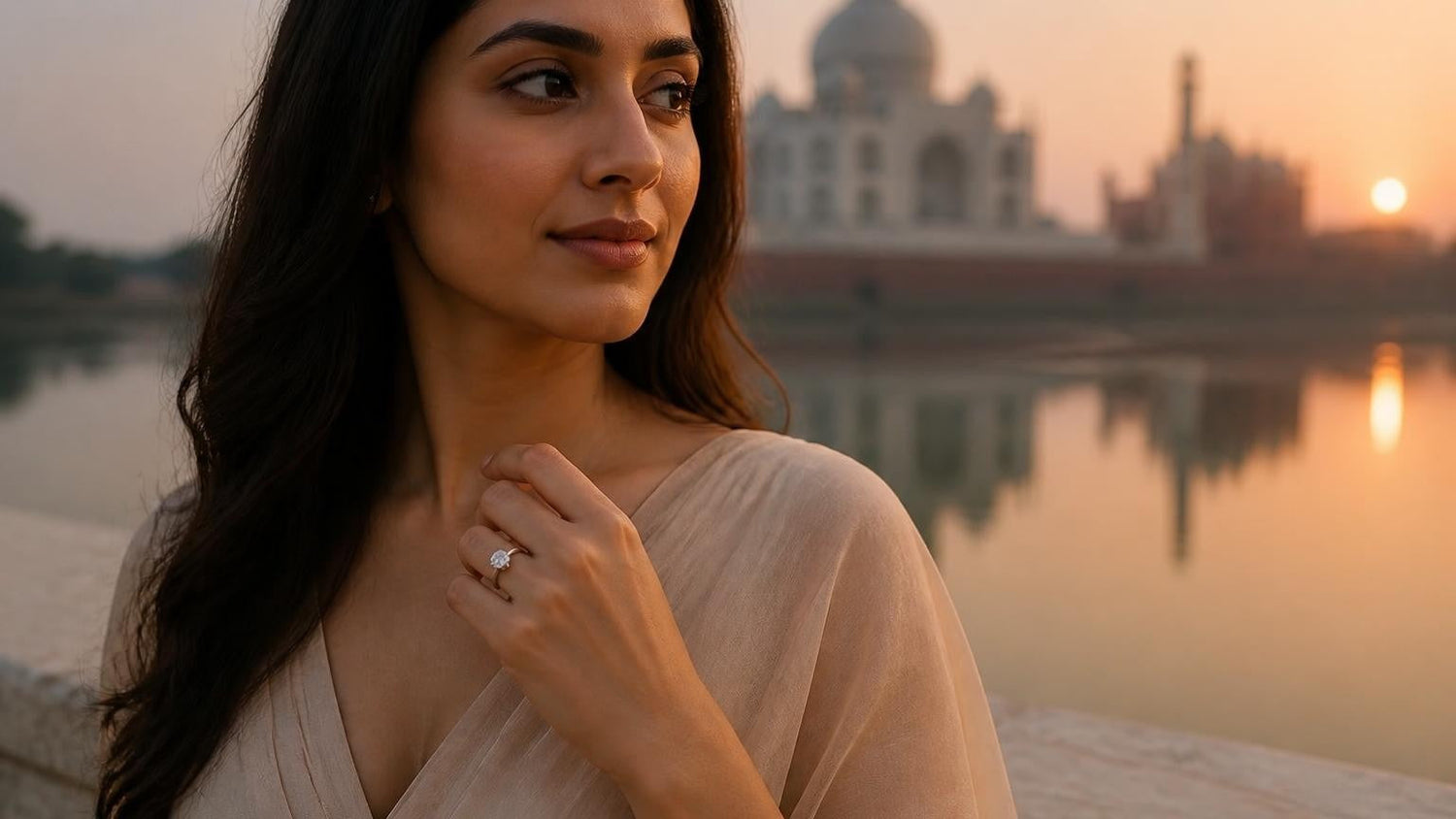 Best engagement rings in Agra — Satéur Destinée Ring with the Taj Mahal at sunrise