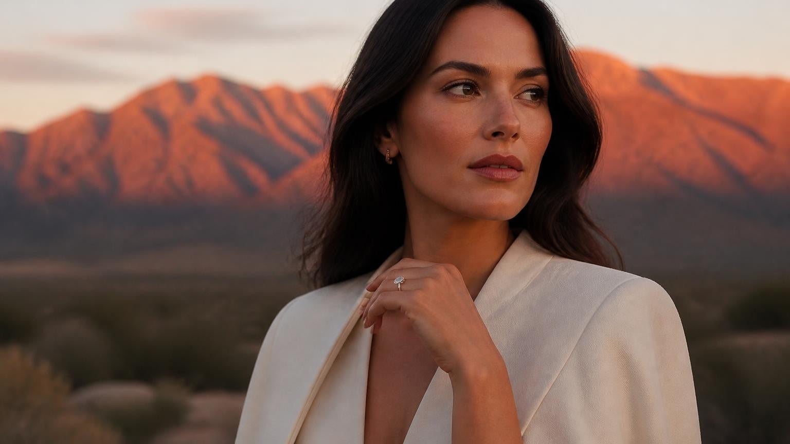 Best engagement rings in Albuquerque — Satéur Destinée Ring™ with the Sandia Mountains at sunset