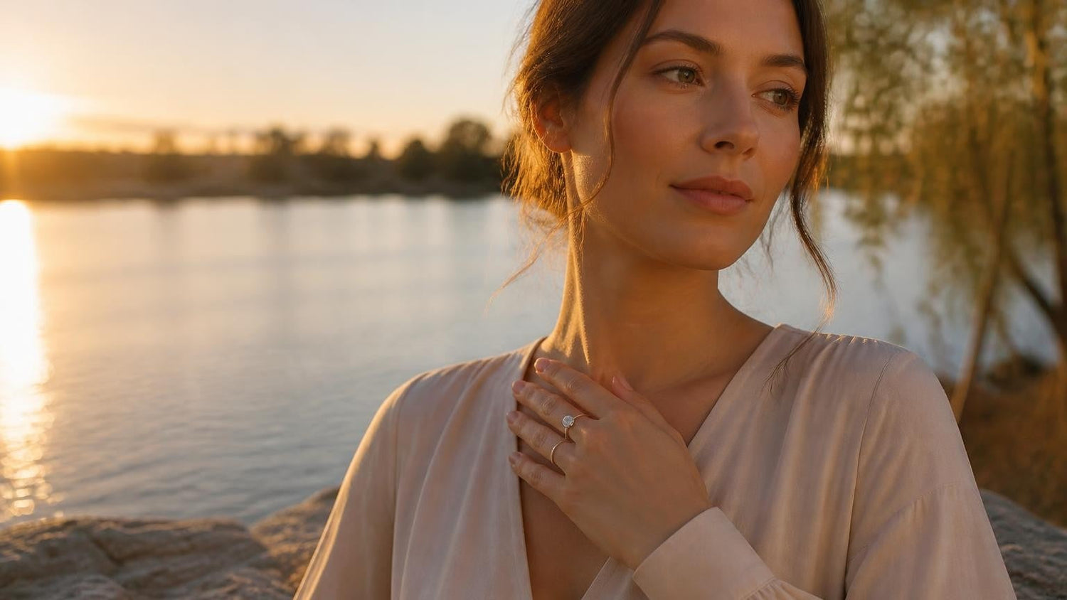 Best engagement rings in Albury — Satéur Destinée Ring at golden hour on the Murray River