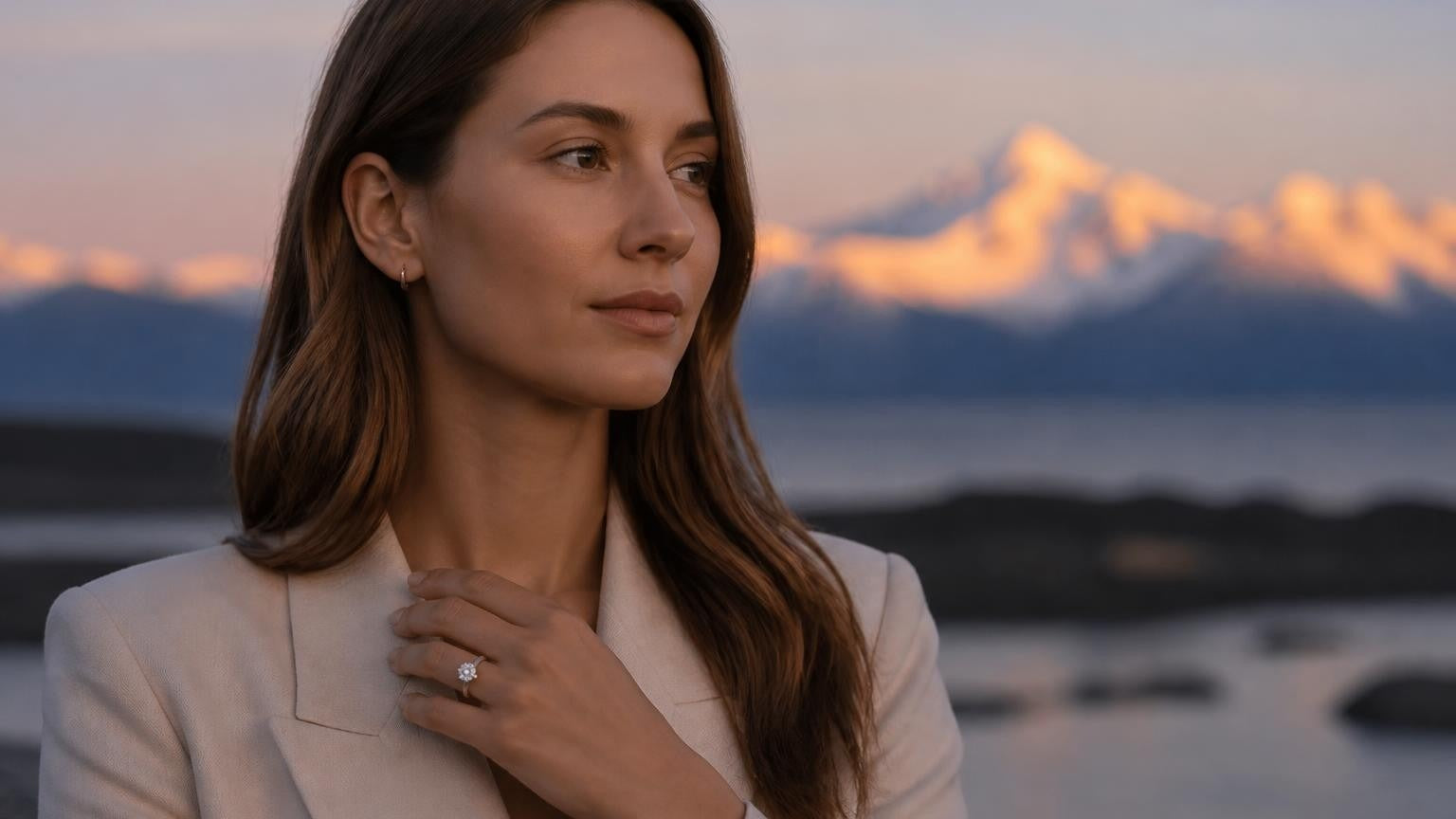 Best engagement rings in Anchorage — Satéur Destinée Ring™ with Chugach Mountains backdrop