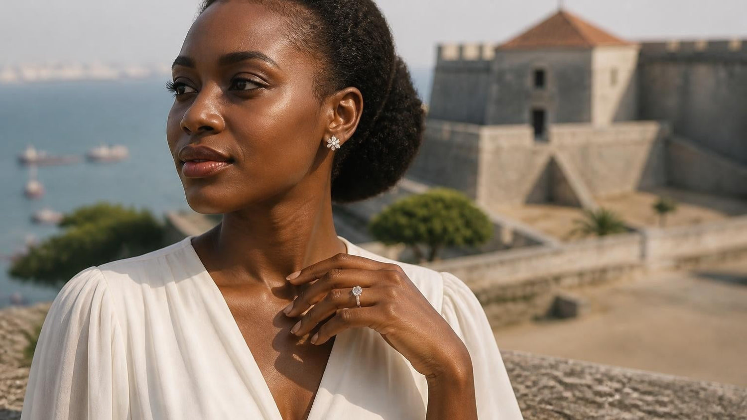 Elegant Angolan woman with engagement ring, Fortaleza de São Miguel overlooking Luanda Bay