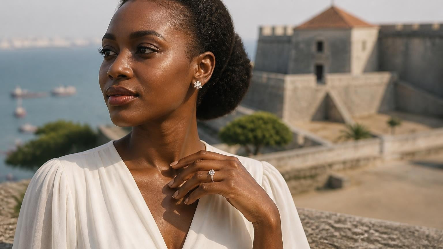 Elegant Angolan woman with engagement ring, Fortaleza de São Miguel overlooking Luanda Bay
