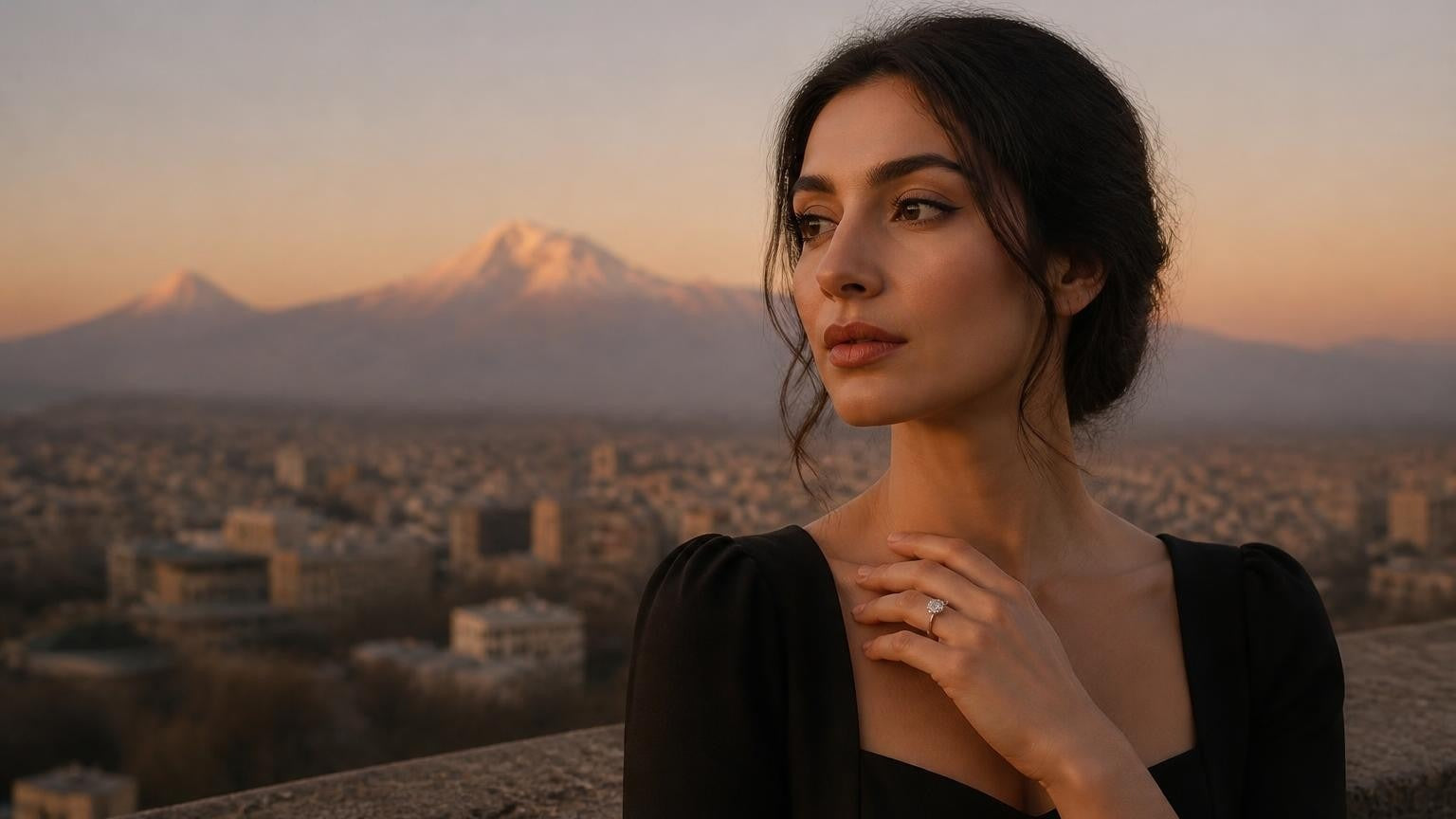 Best engagement rings in Armenia — elegant woman with ring, Mount Ararat at sunset