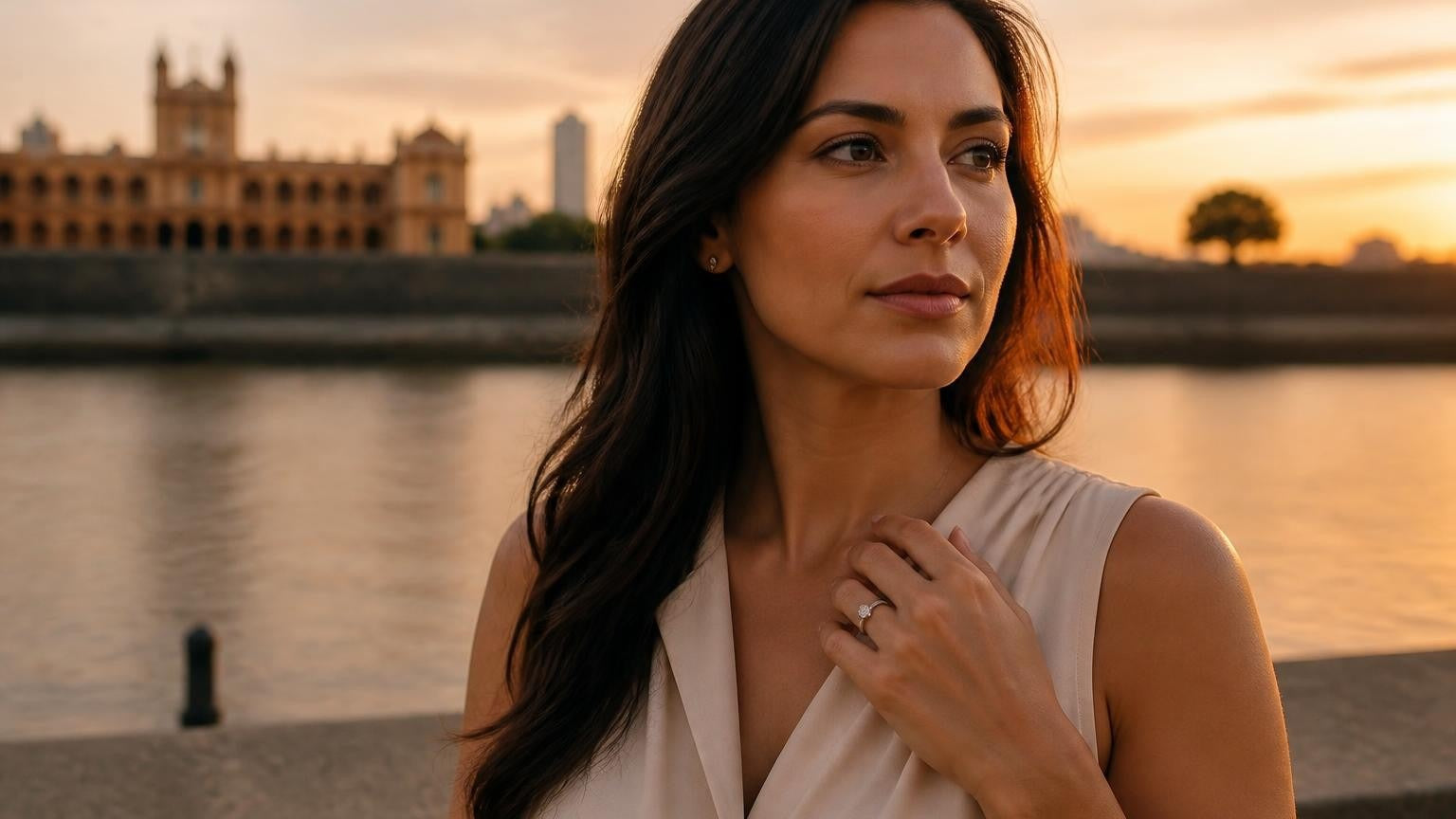 Best engagement rings in Asunción, Paraguay — elegant woman with Satéur Destinée Ring at the Palacio de los López waterfront