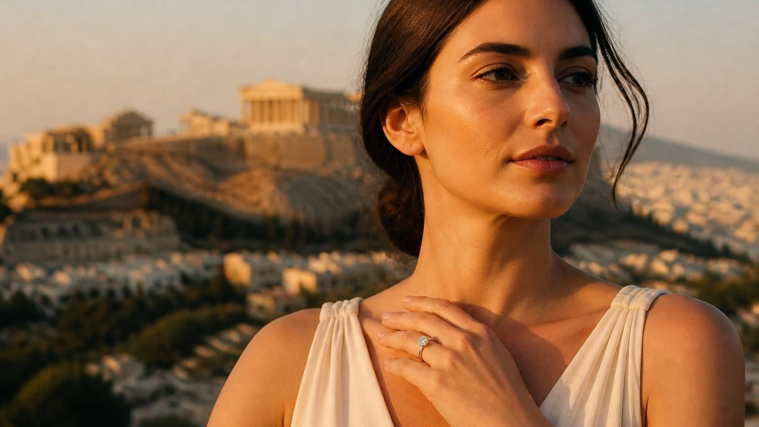 Best engagement rings in Athens — Satéur Destinée Ring with Parthenon at golden hour