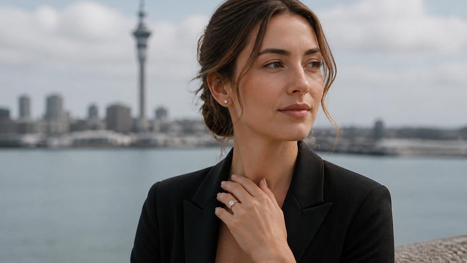Best engagement rings in Auckland — Satéur Destinée Ring with Auckland Sky Tower