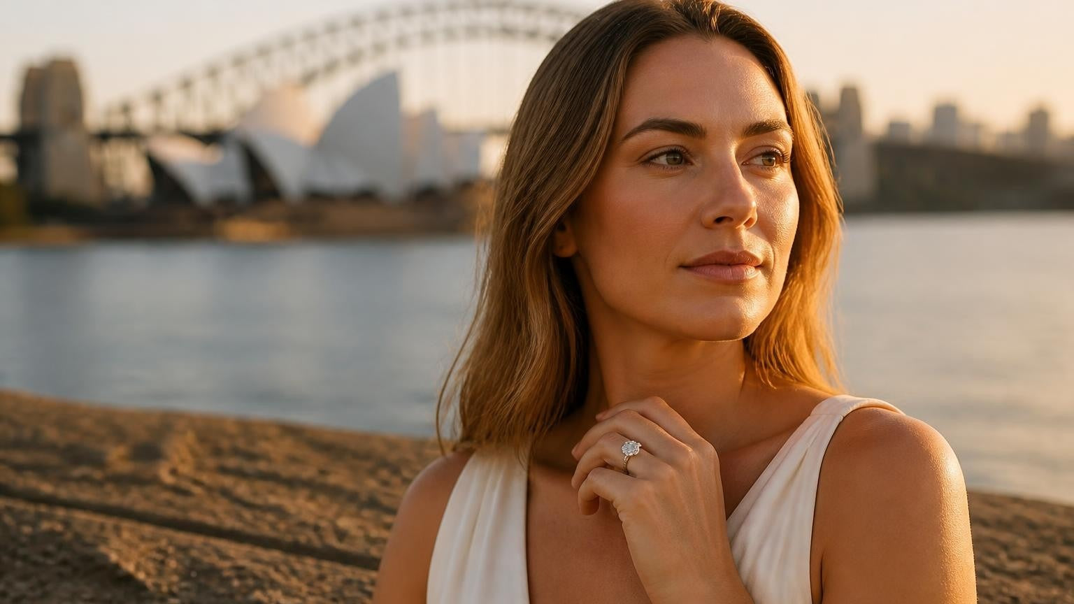 Satéur Destinée Ring on a woman's hand at Sydney Harbour, Opera House at golden-hour sunrise