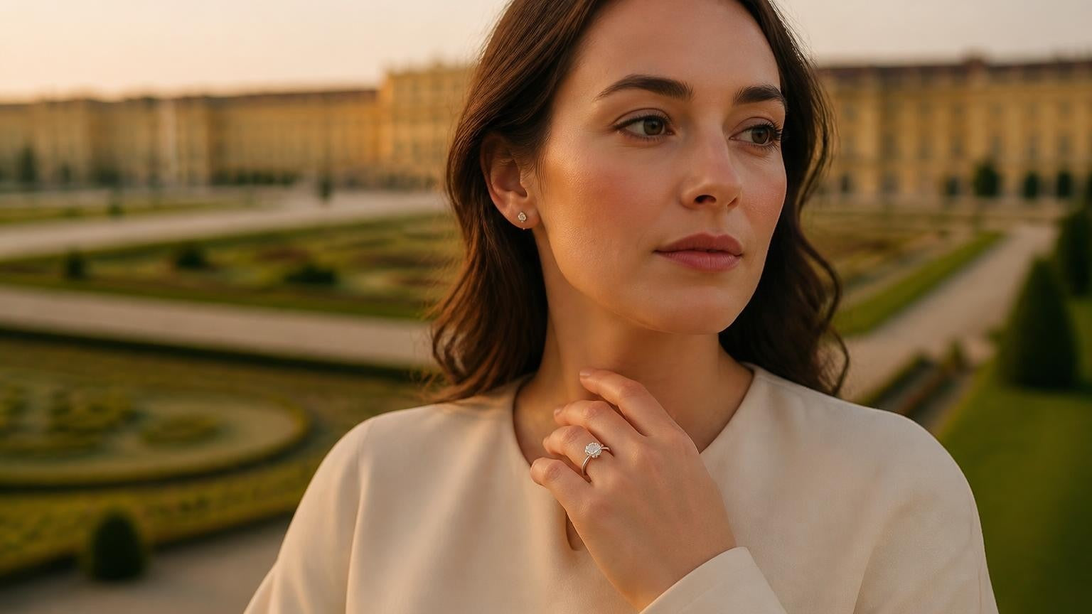Best engagement rings in Austria — elegant Austrian woman with Satéur Destinée Ring™ at Schönbrunn Palace, Vienna