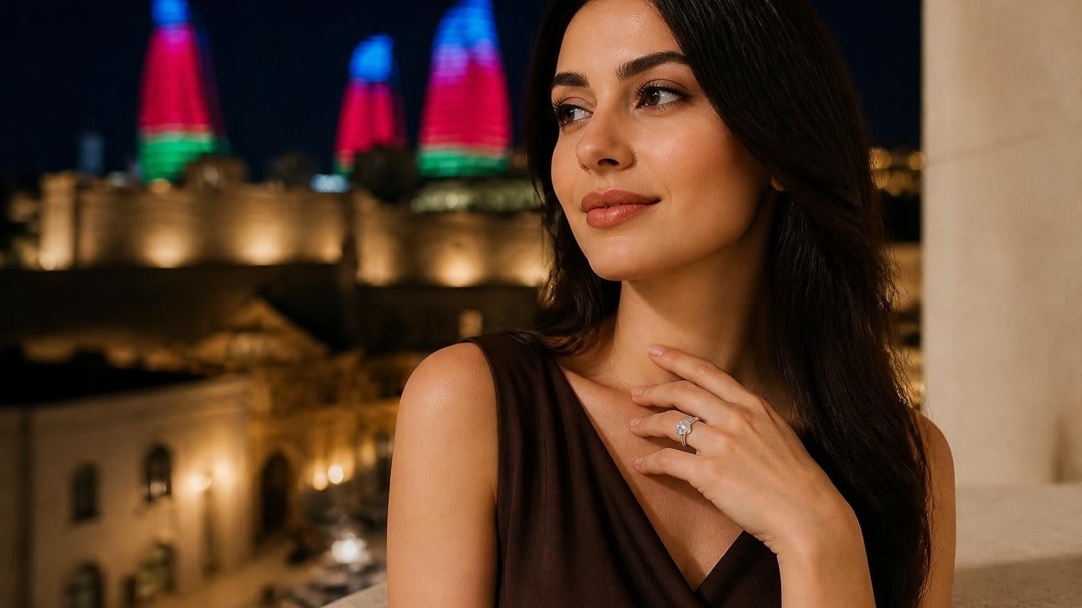 Best engagement rings in Baku — Satéur Destinée Ring with Flame Towers at night
