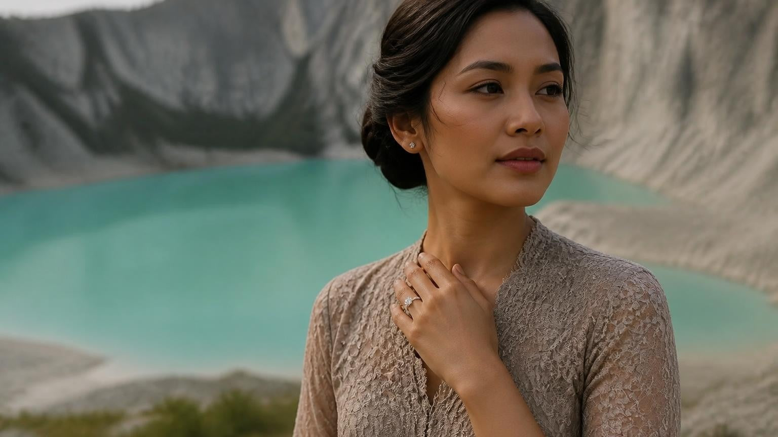 Best engagement rings in Bandung Indonesia — Satéur Destinée Ring at Kawah Putih volcanic crater lake