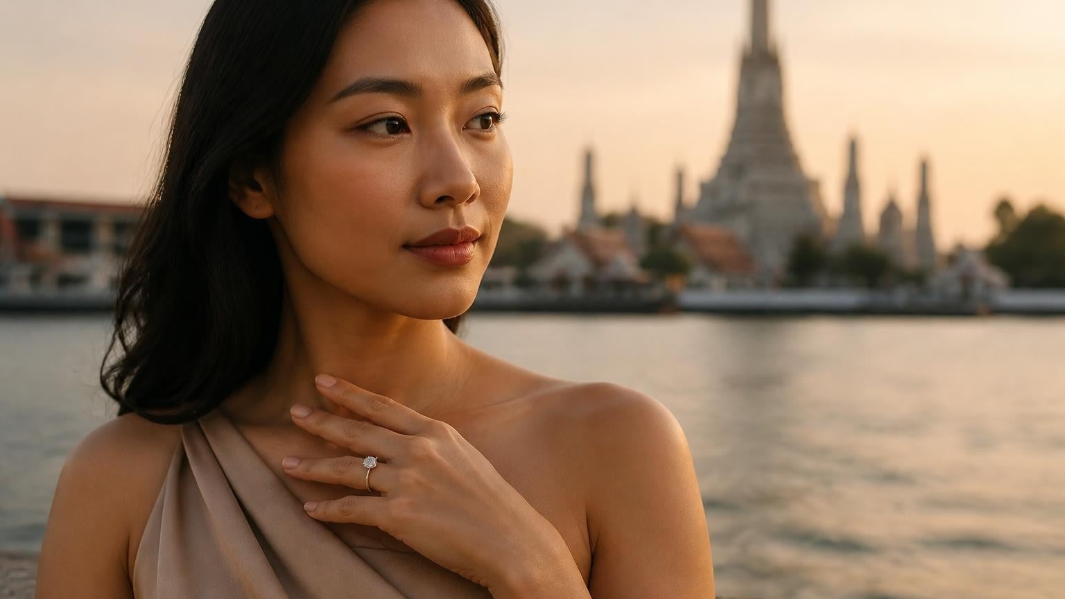 Satéur Destinée Ring™ — elegant Thai woman with ring on her finger, Wat Arun softly blurred behind, golden hour light on the Chao Phraya