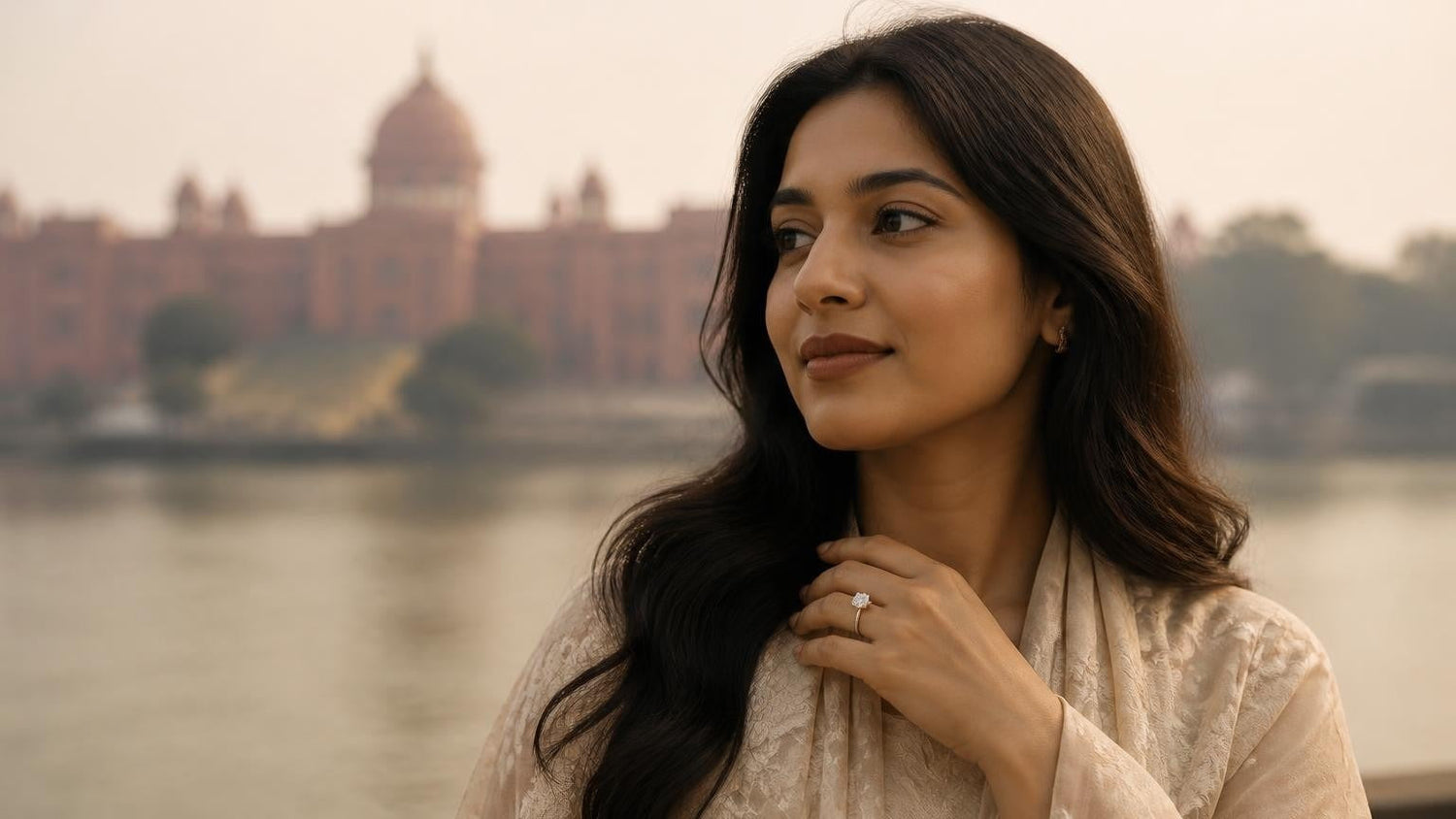 Best engagement rings in Bangladesh — Satéur Destinée Ring™ against the Ahsan Manzil Pink Palace riverfront